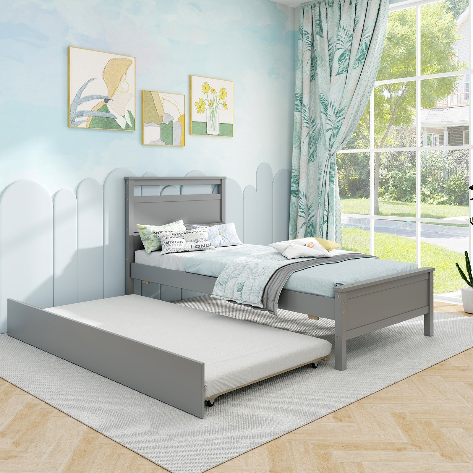 Twin Size Wooden Bed Frame with Trundle for Teens and Adults-Gray