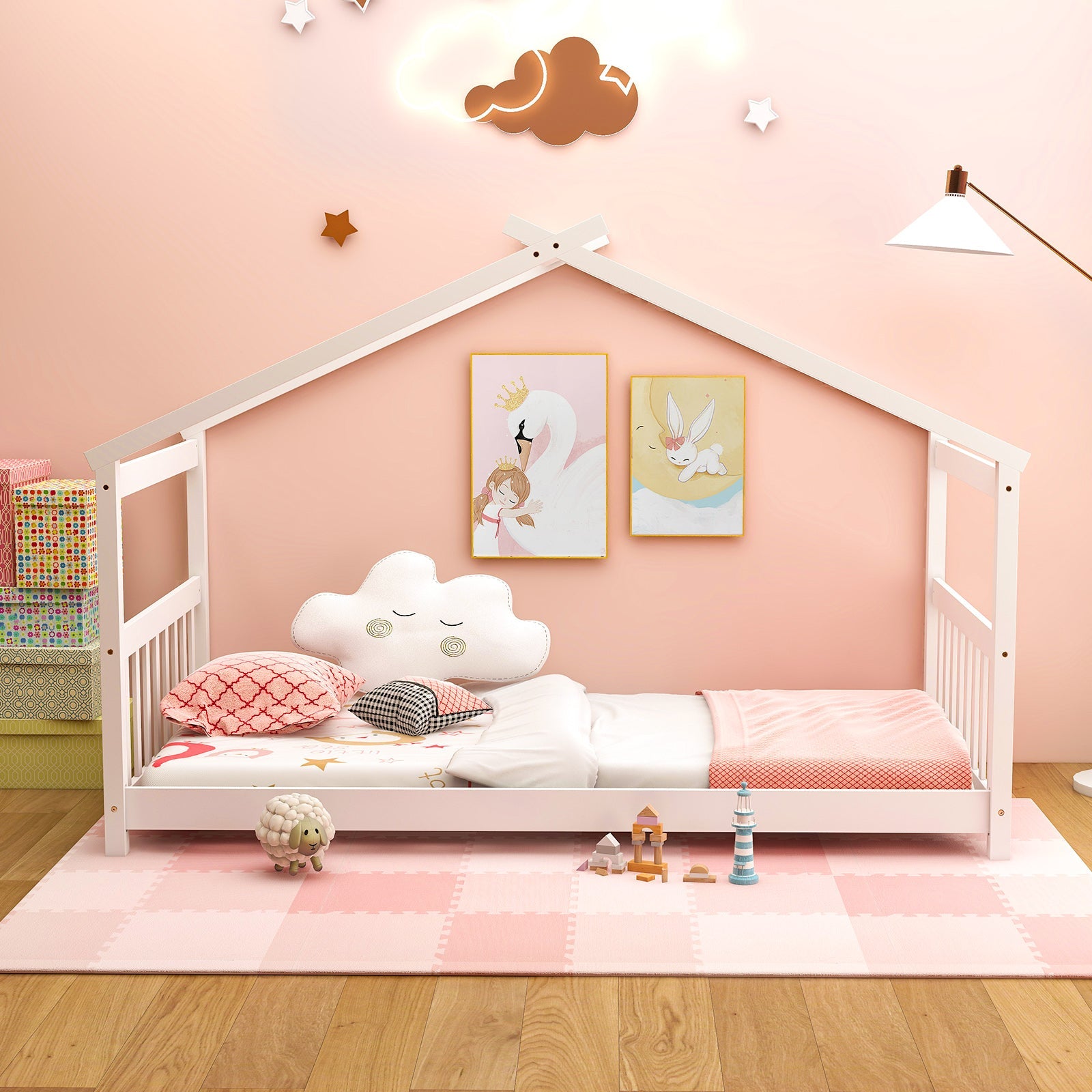 Twin Size Wooden House Bed with Roof-White