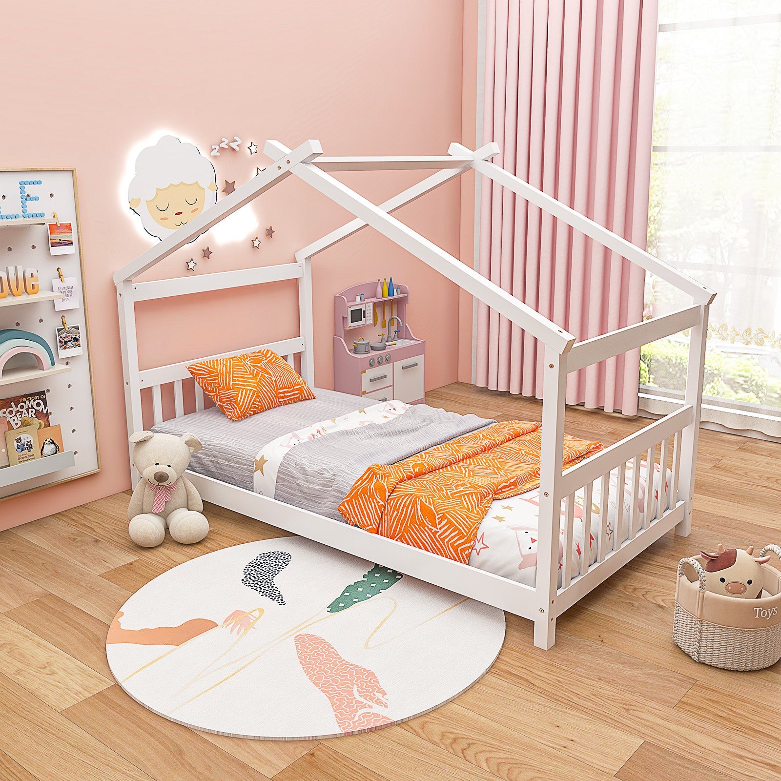 Twin Size Wooden House Bed with Roof-White