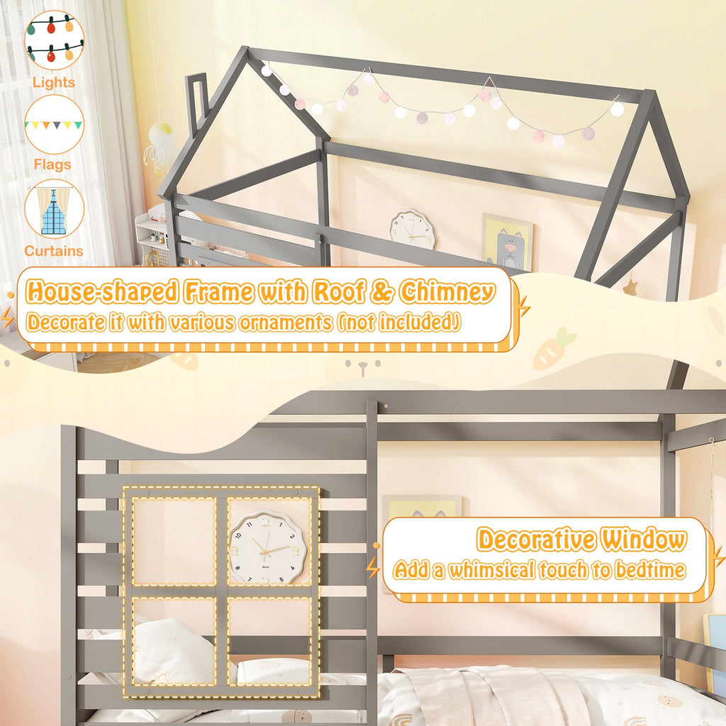 Twin Size Wooden Platform House Bed with Trundle and Roof-Grey