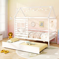 Twin Size Wooden Platform House Bed with Trundle and Roof-White