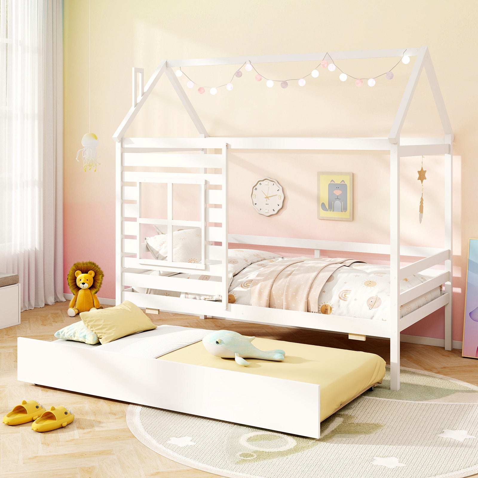 Twin Size Wooden Platform House Bed with Trundle and Roof-White
