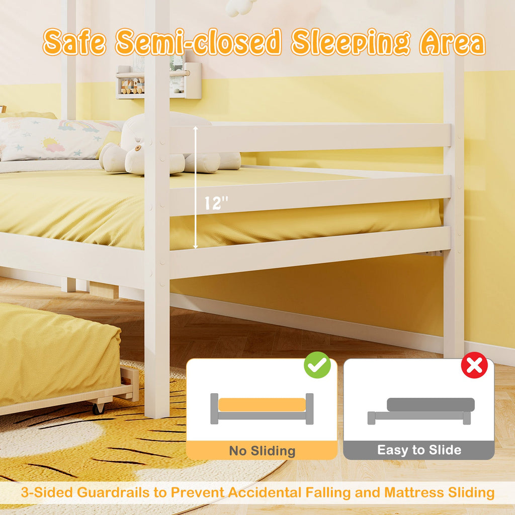Twin Size Wooden Platform House Bed with Trundle and Roof-White