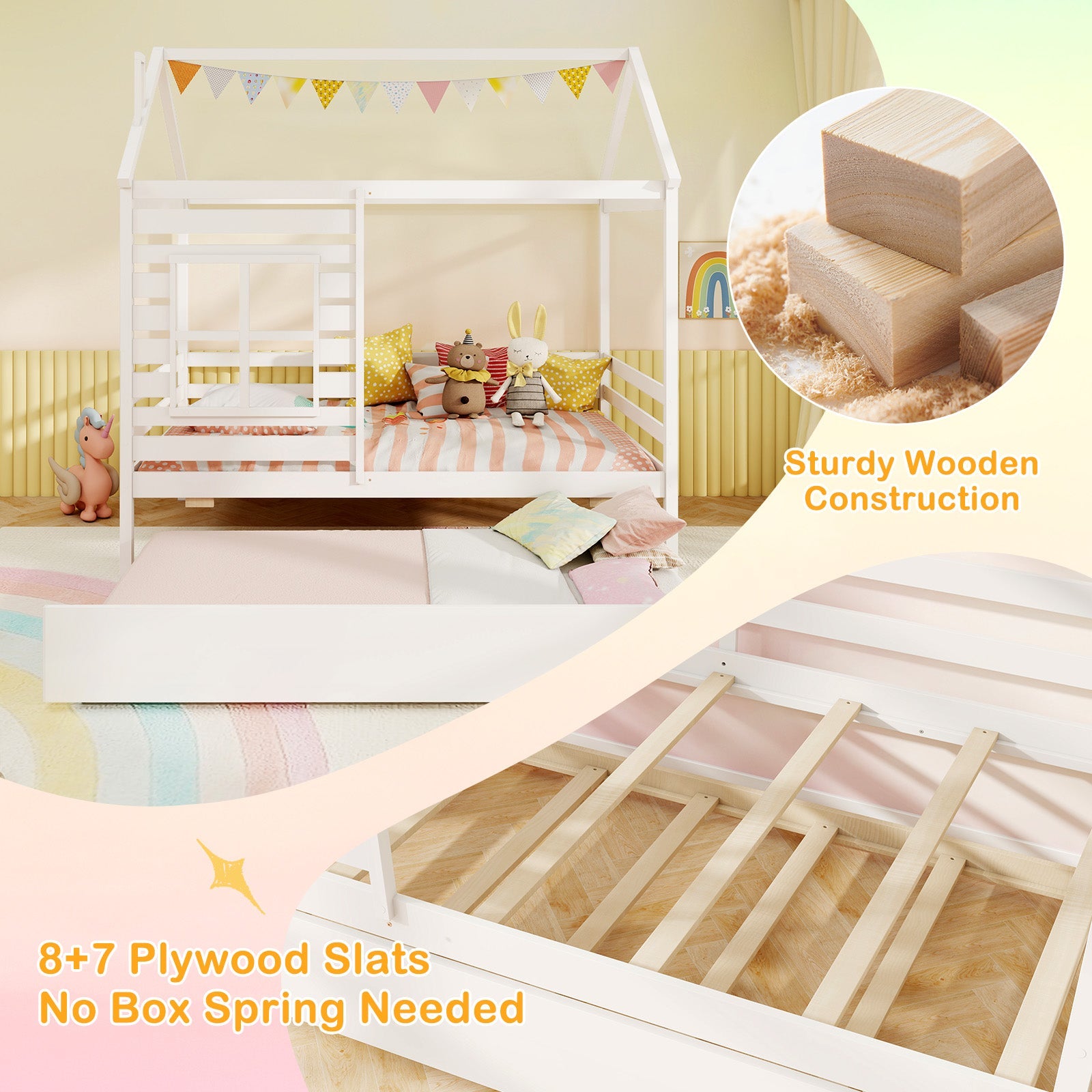 Twin Size Wooden Platform House Bed with Trundle and Roof-White