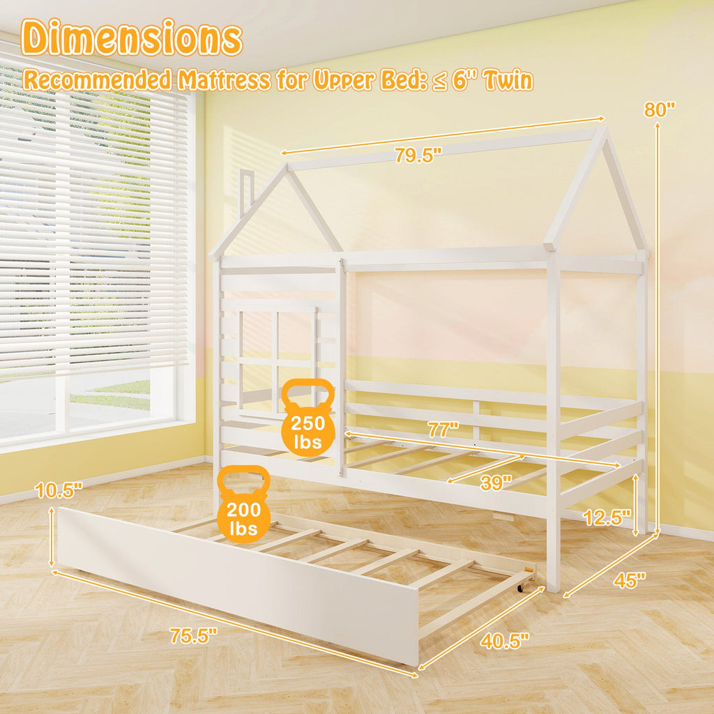 Twin Size Wooden Platform House Bed with Trundle and Roof-White