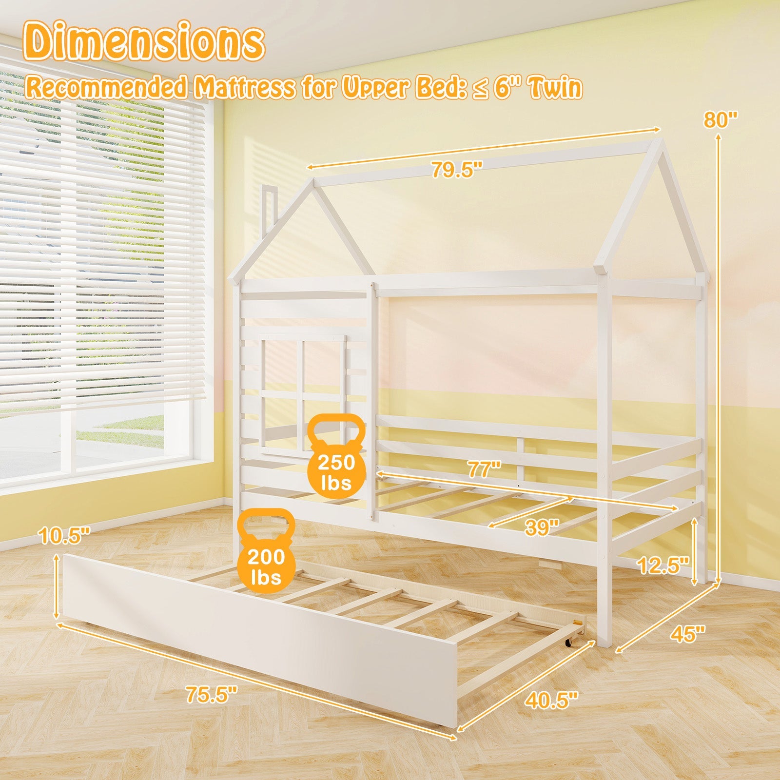 Twin Size Wooden Platform House Bed with Trundle and Roof-White