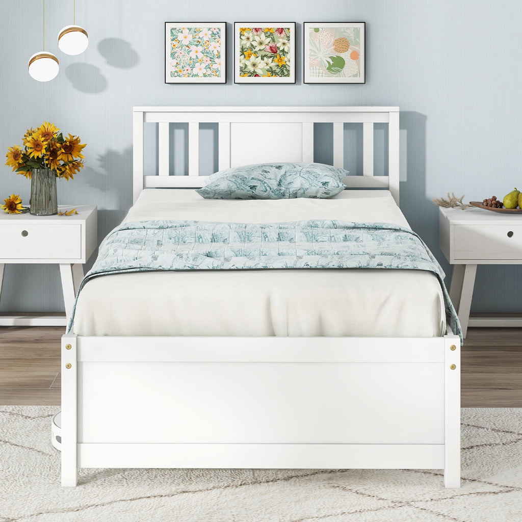 Wooden Platform Bed with Headboard and Wood Slat Support White-Twin Size