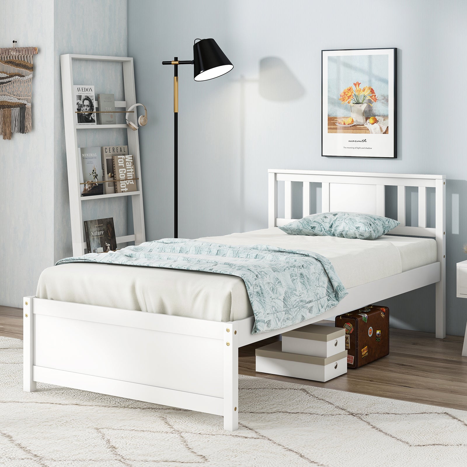 Wooden Platform Bed with Headboard and Wood Slat Support White-Twin Size