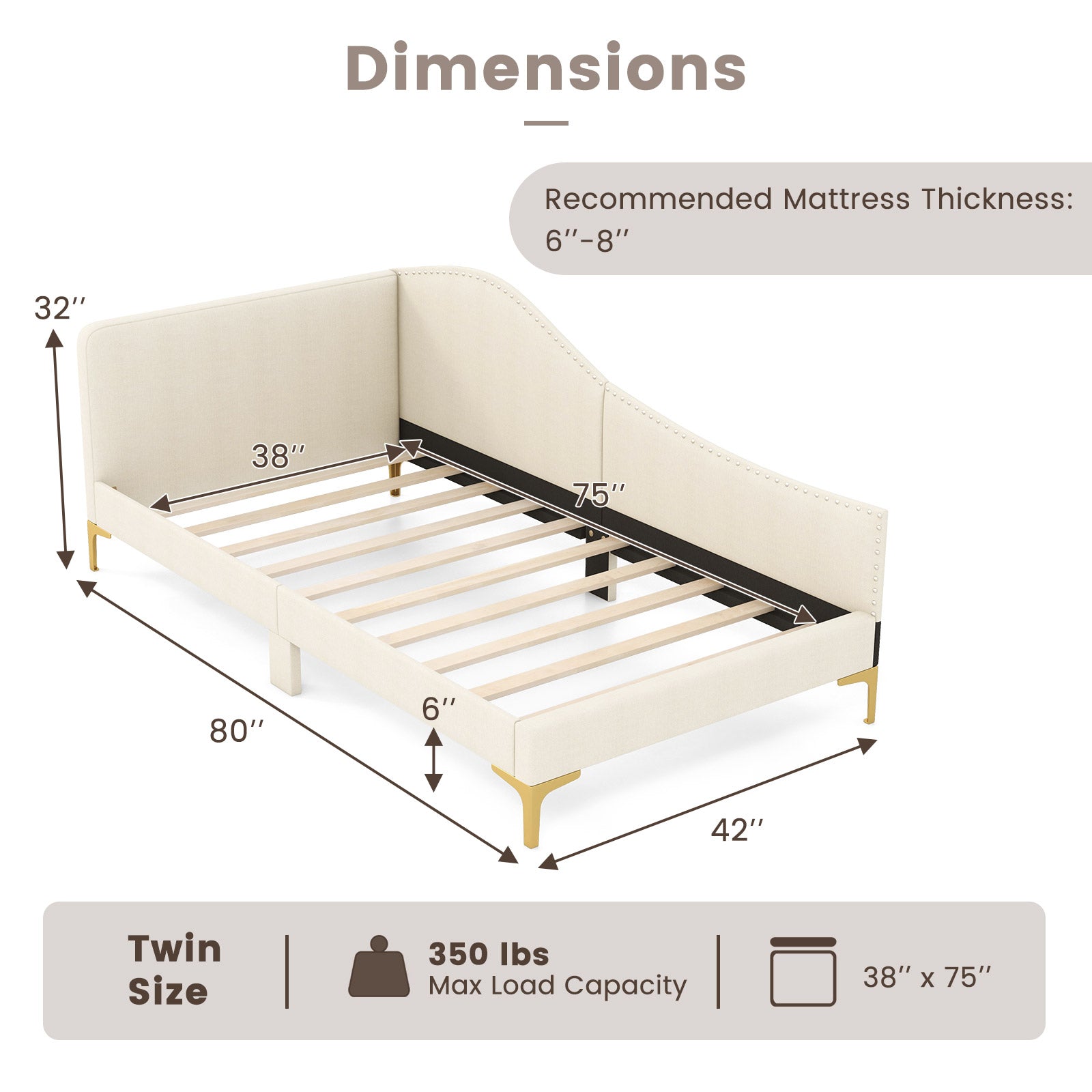 Full/Twin Size Upholstered Daybed with Metal Legs and Wood Slats-Twin Size