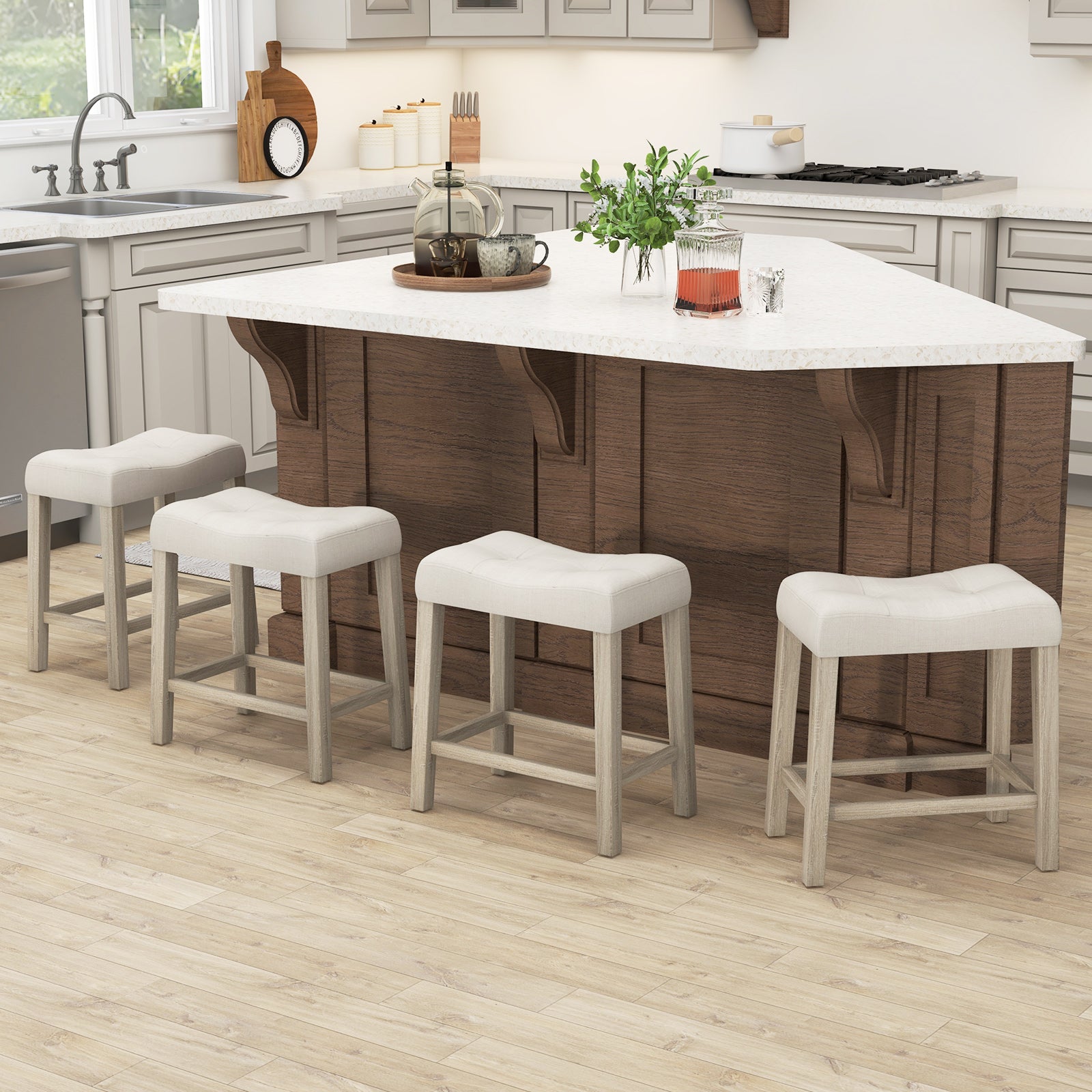 Set of 4 Upholstered Counter Height Bar Stool with Curved Saddle-Seat-Gray