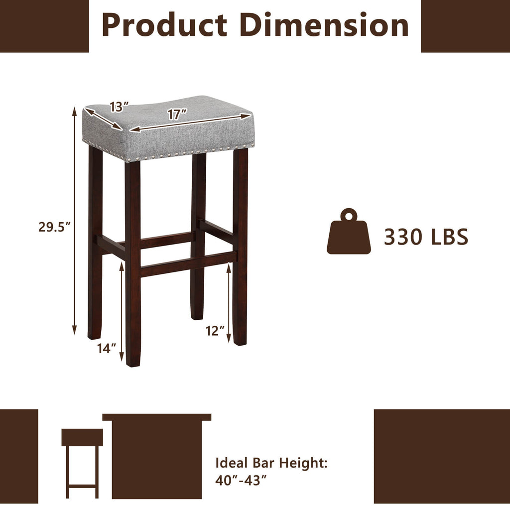 29 Inch Set of 2 Height Upholstered Bar Stool with Solid Rubber Wood Legs and Footrest-Gray