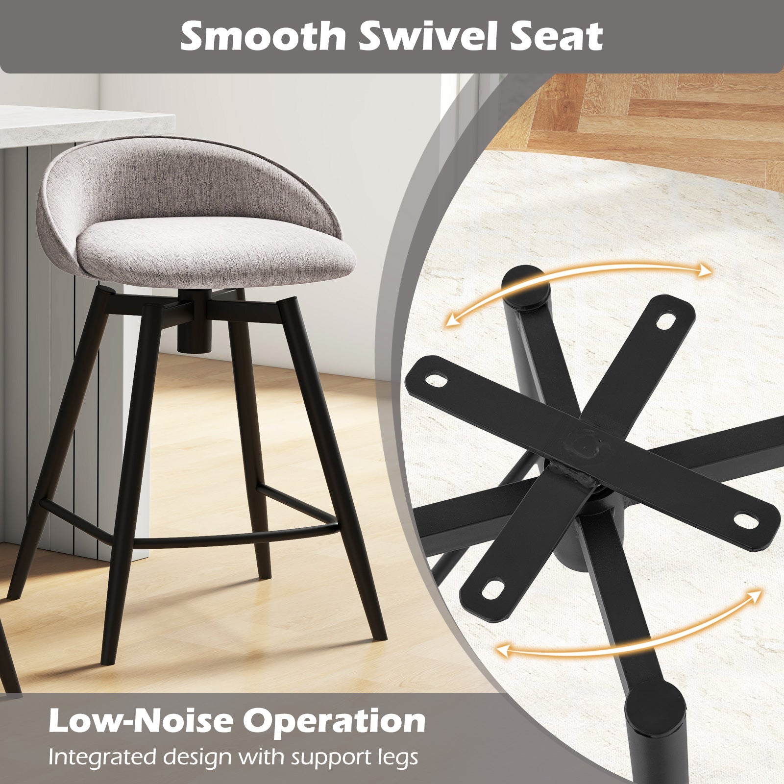 Upholstered Bar Stools Set of 2 with Footrest and Backrest-Gray