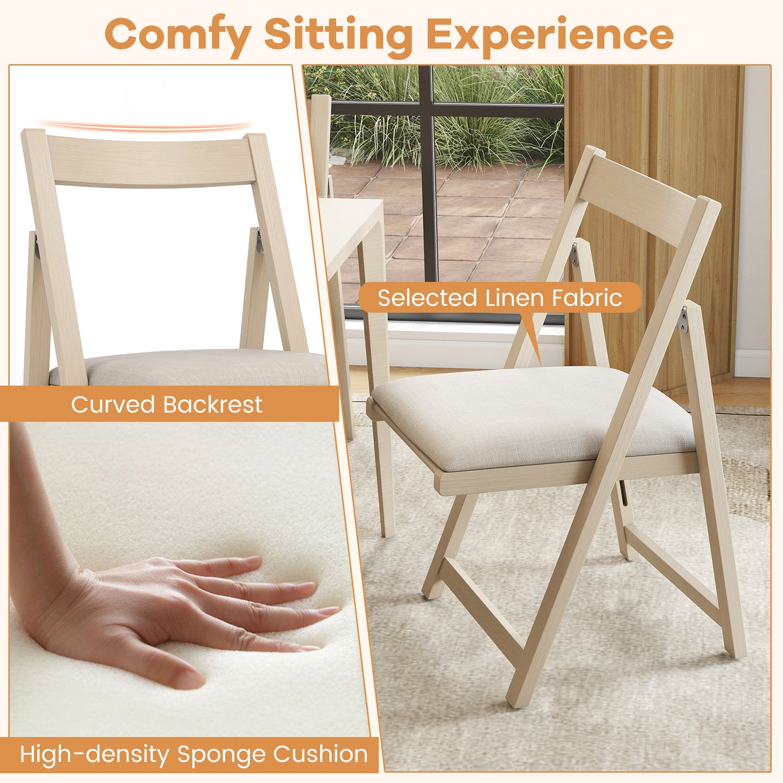 Folding Upholstered Dining Chair Set of 4 with Curved Backrest-Beige
