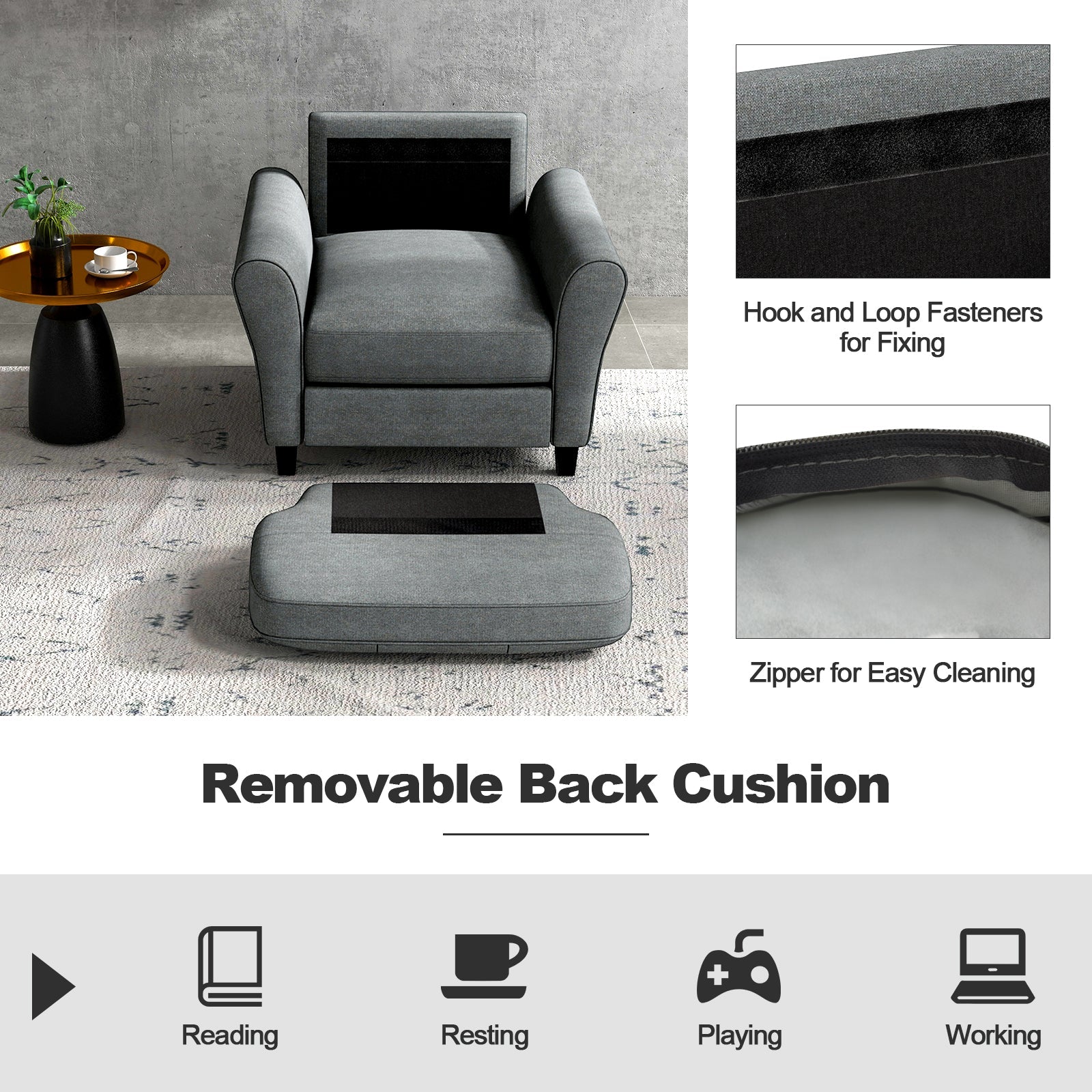 Modern Upholstered Accent Chair with Rubber Wood Legs-Gray