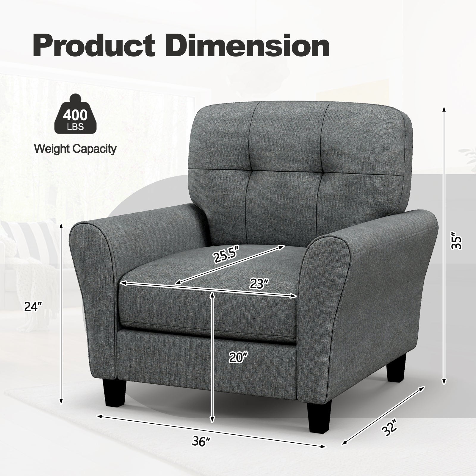 Modern Upholstered Accent Chair with Rubber Wood Legs-Gray