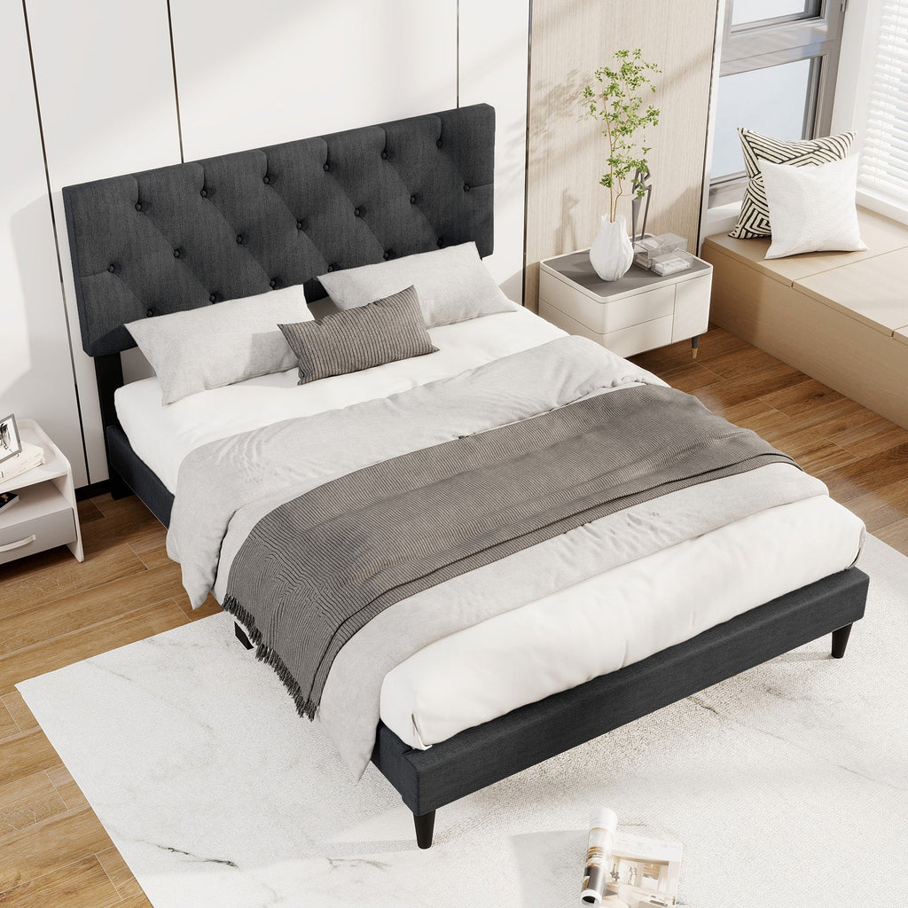 Upholstered Platform Bed with Tufted Headboard and Wooden Slats Gray-Full Size