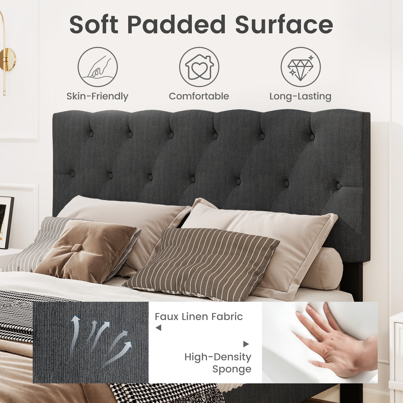 Upholstered Platform Bed with Tufted Headboard and Wooden Slats Gray-Full Size