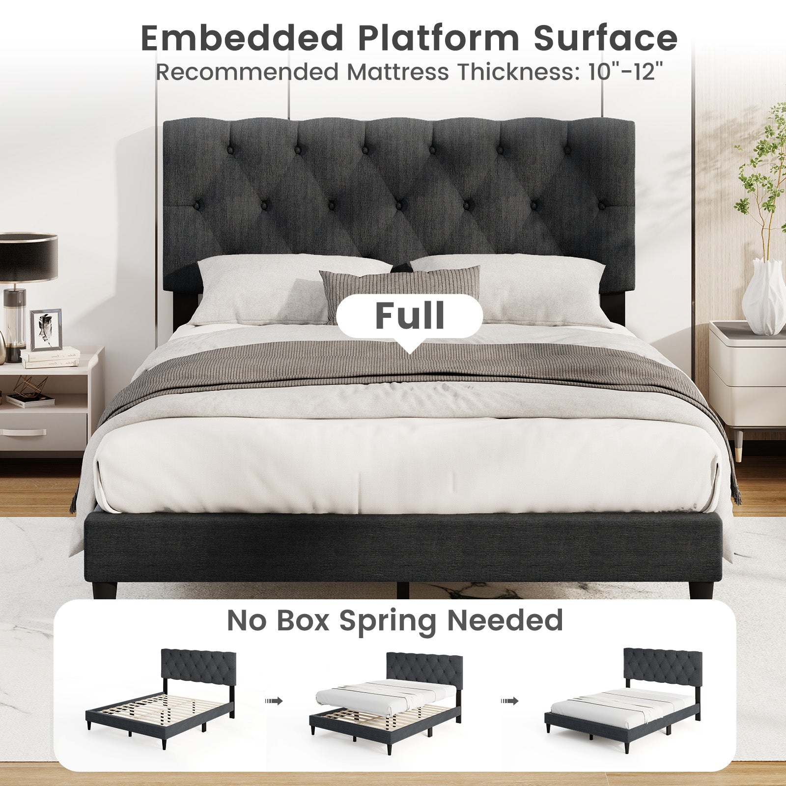 Upholstered Platform Bed with Tufted Headboard and Wooden Slats Gray-Full Size