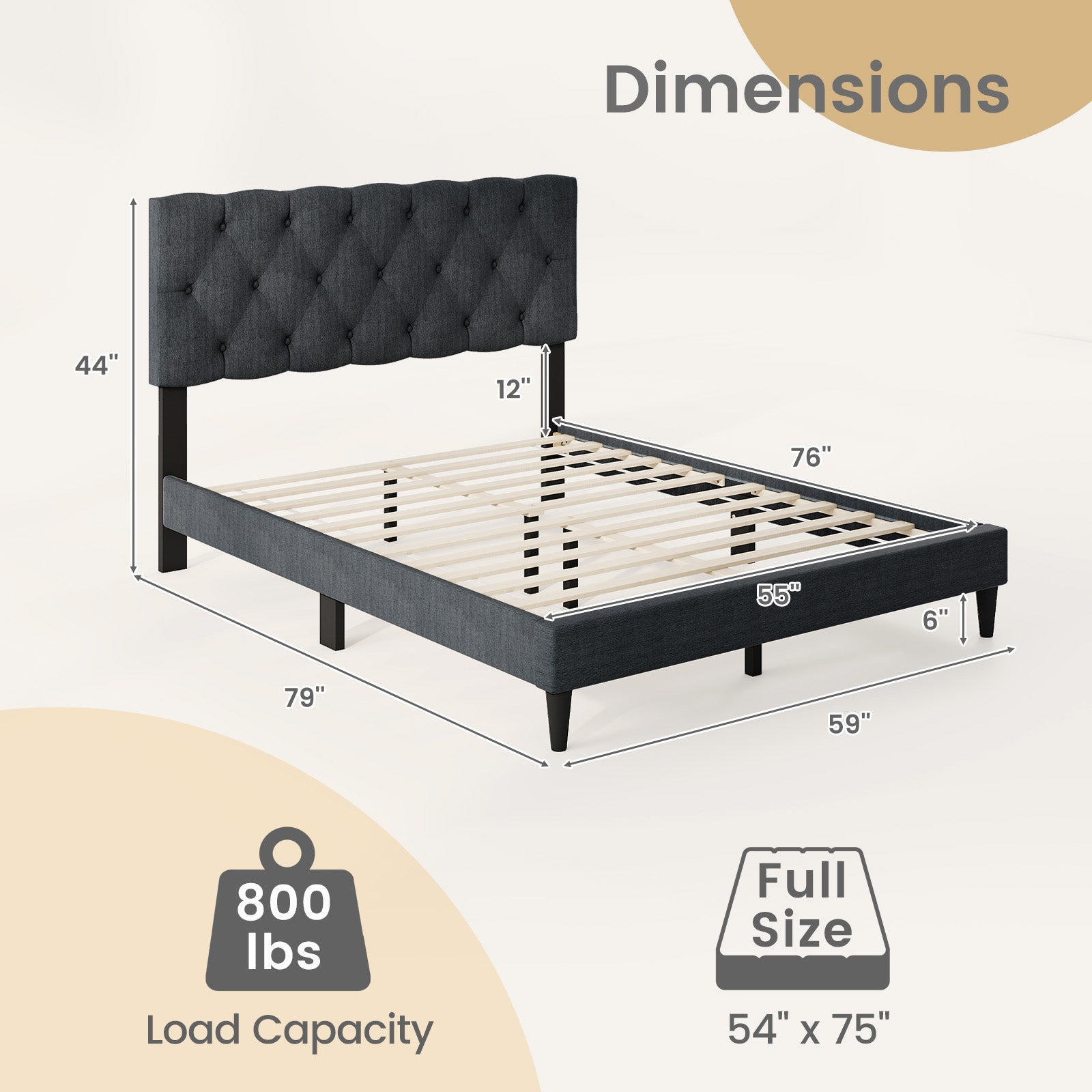 Upholstered Platform Bed with Tufted Headboard and Wooden Slats Gray-Full Size