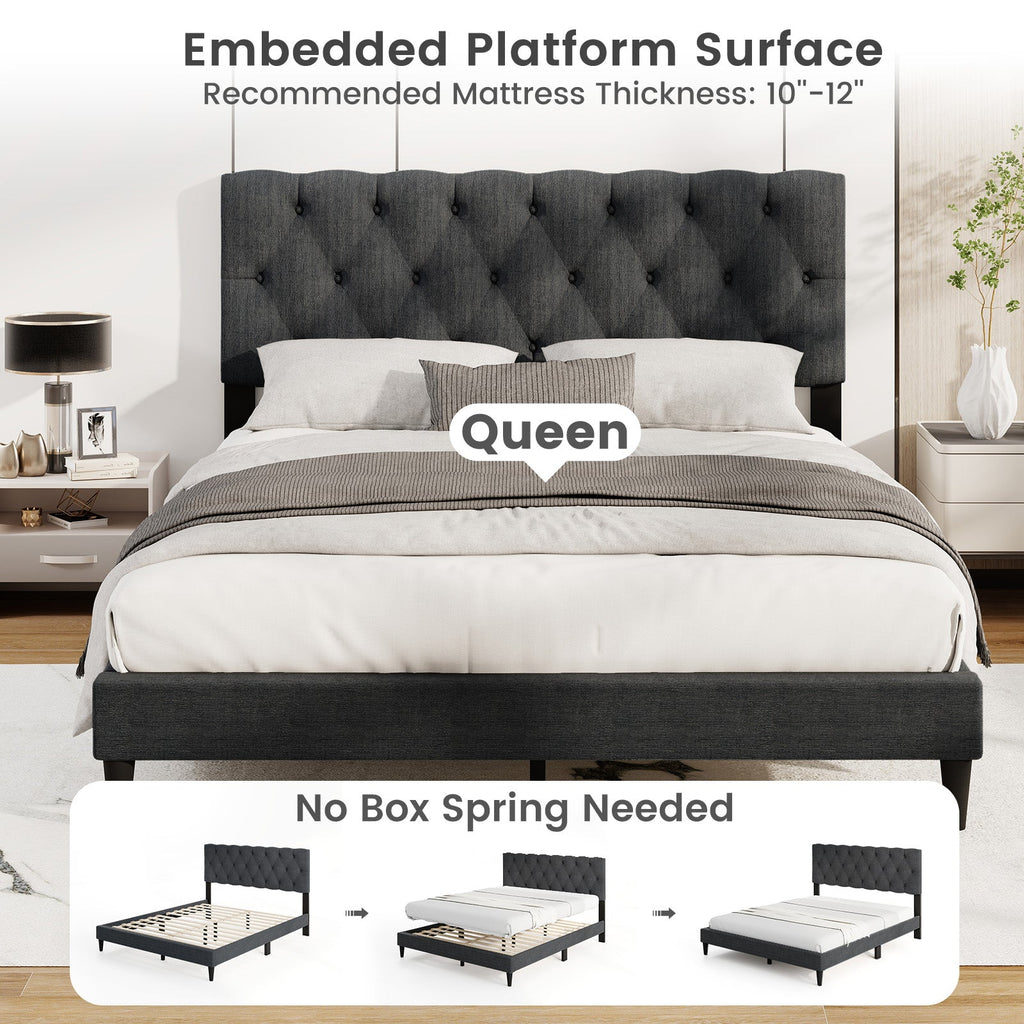Upholstered Platform Bed with Tufted Headboard and Wooden Slats Gray-Queen Size