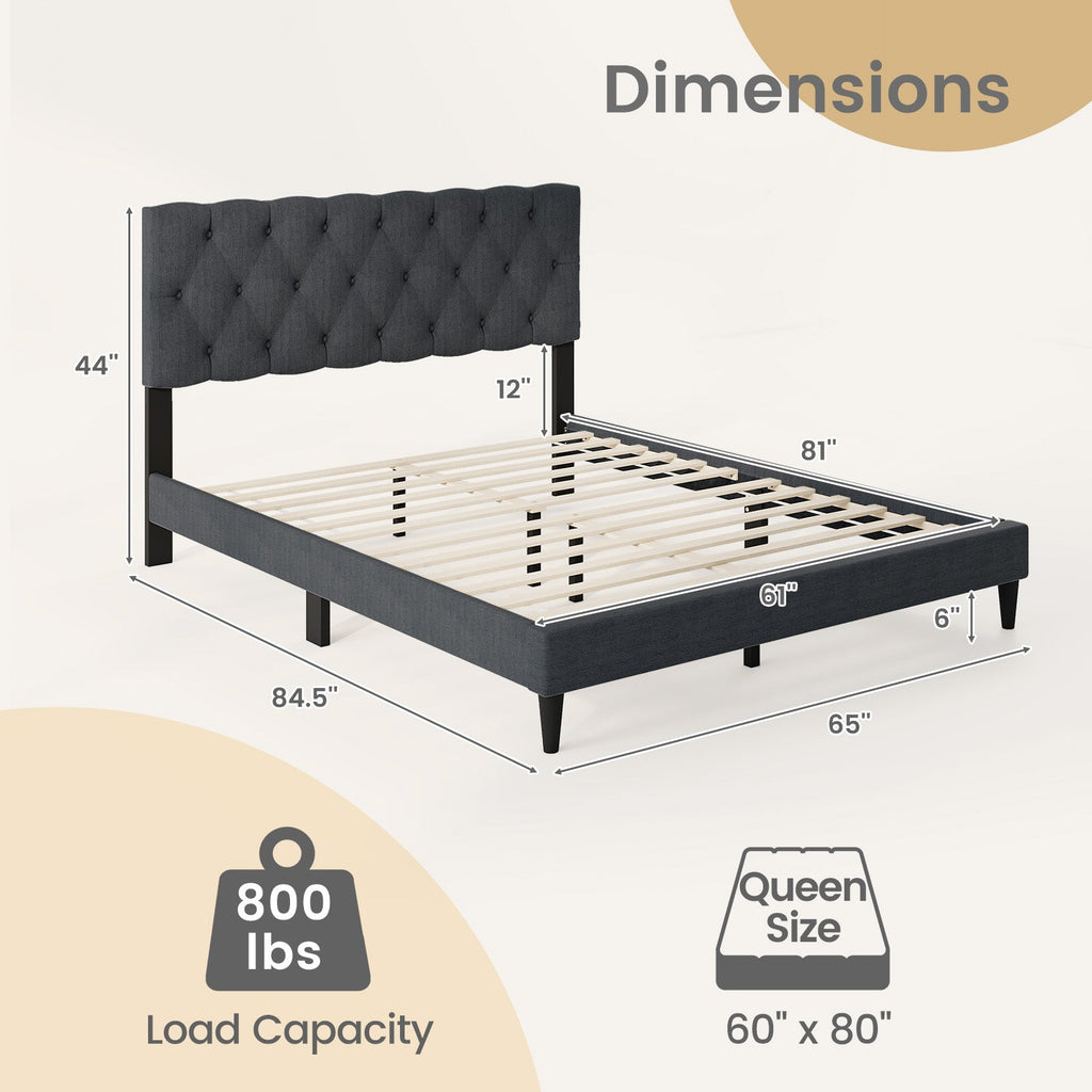 Upholstered Platform Bed with Tufted Headboard and Wooden Slats Gray-Queen Size