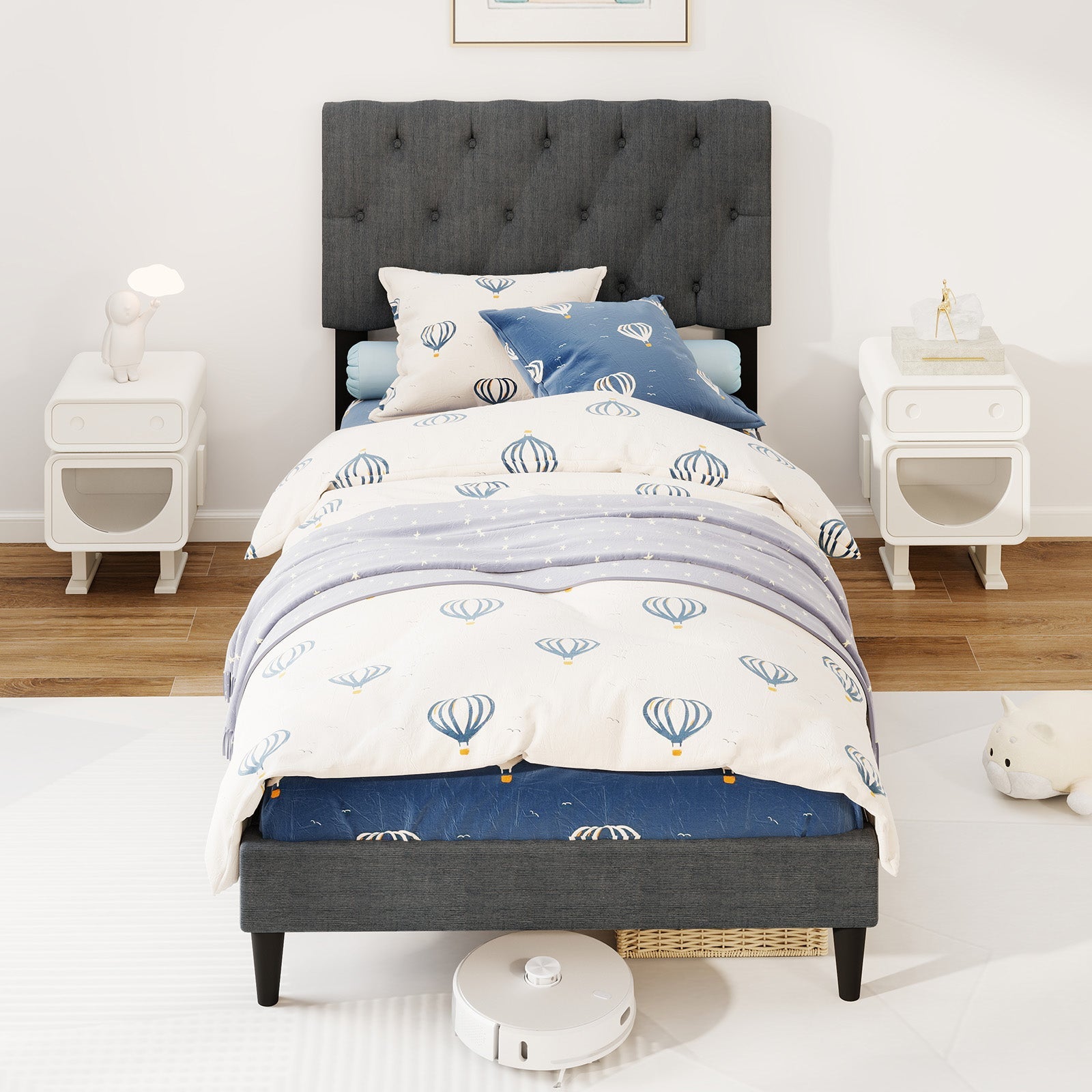 Upholstered Platform Bed with Tufted Headboard and Wooden Slats Gray-Twin Size