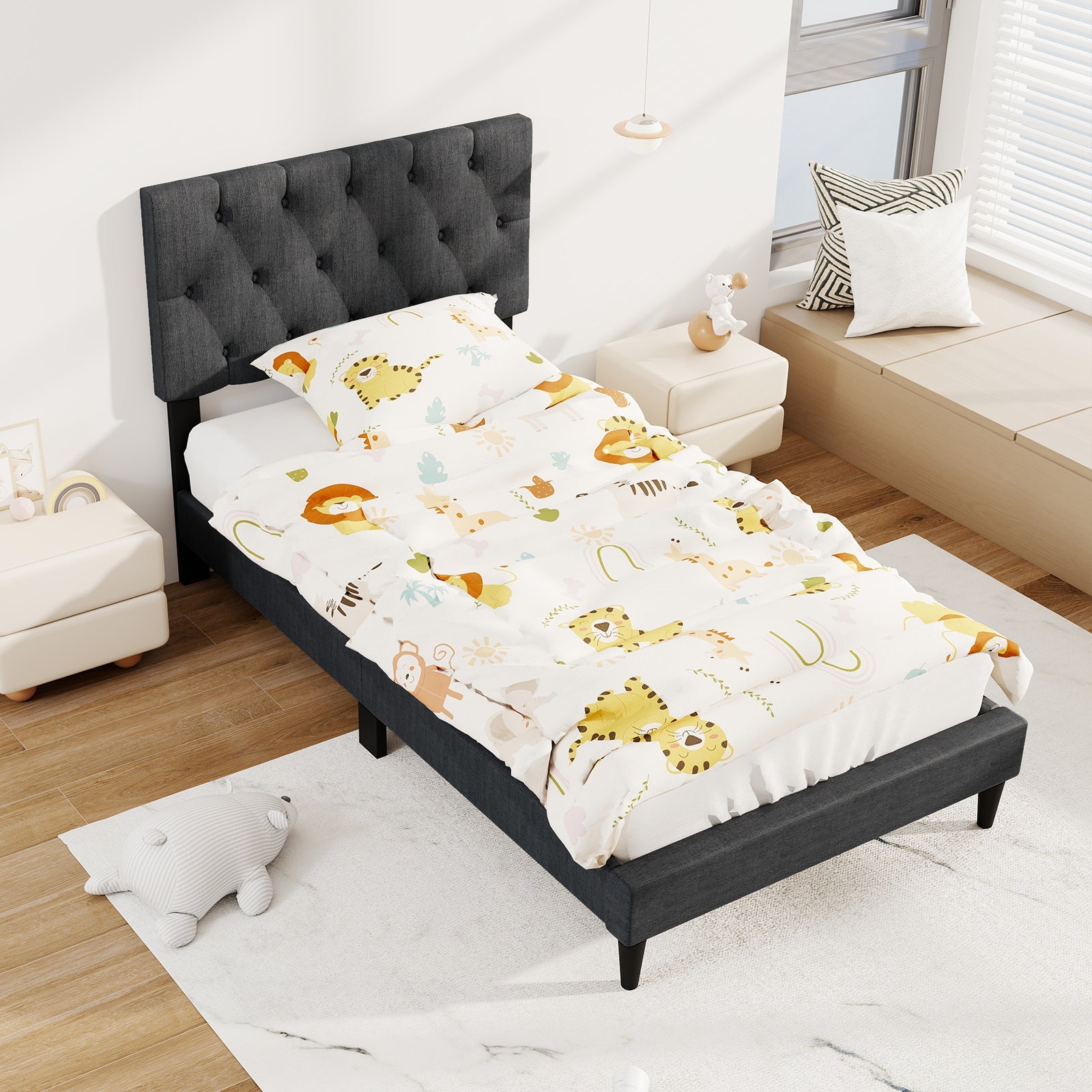 Upholstered Platform Bed with Tufted Headboard and Wooden Slats Gray-Twin Size