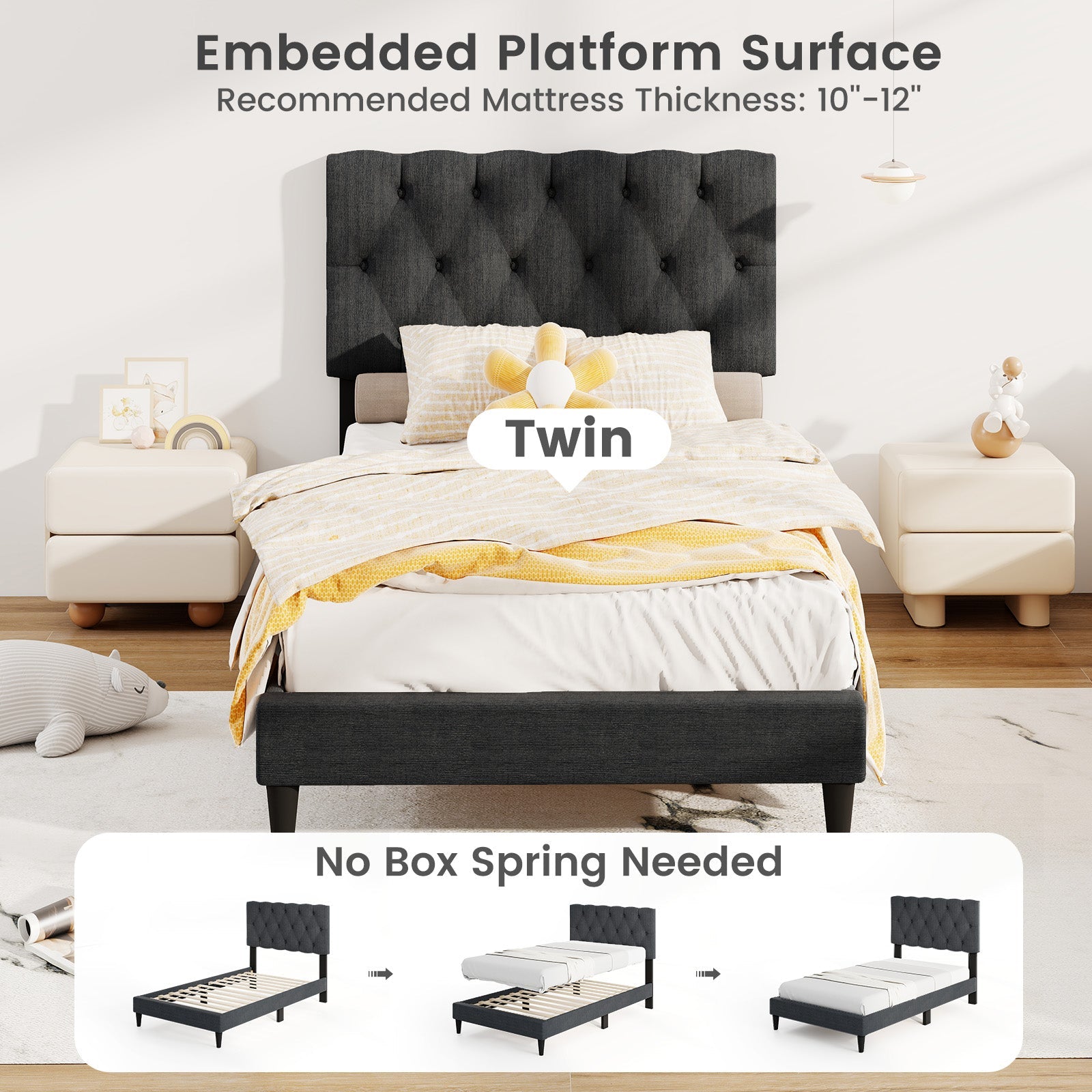 Upholstered Platform Bed with Tufted Headboard and Wooden Slats Gray-Twin Size