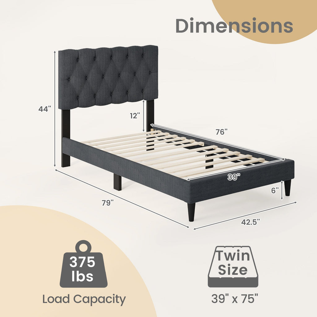 Upholstered Platform Bed with Tufted Headboard and Wooden Slats Gray-Twin Size