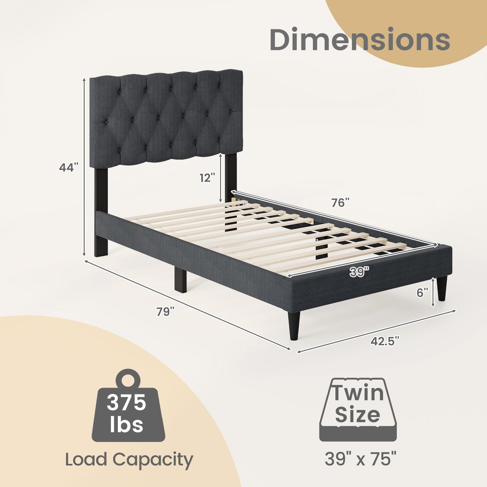 Upholstered Platform Bed with Tufted Headboard and Wooden Slats Gray-Twin Size