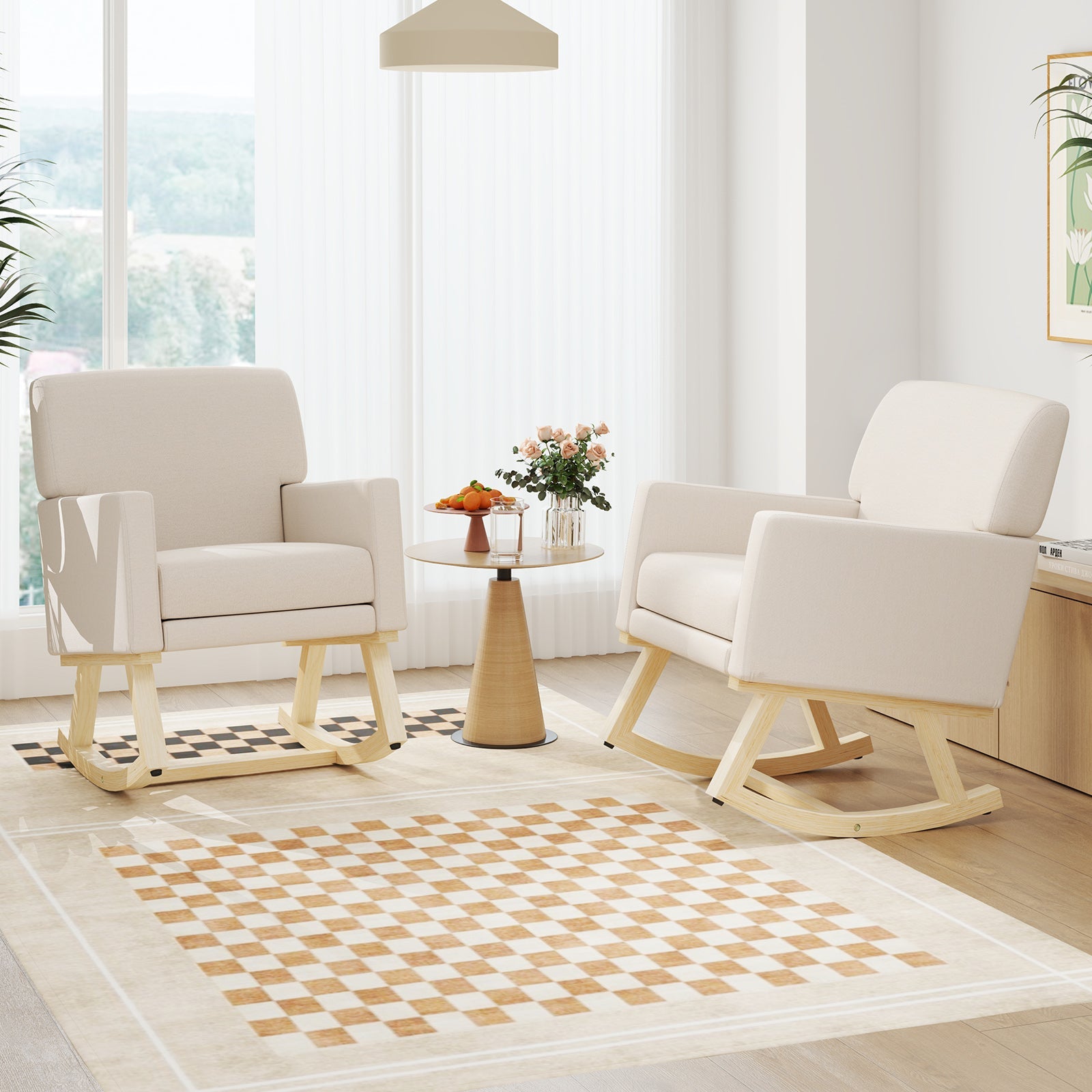 Upholstered Rocking Chair with and Solid Wood Base-Beige