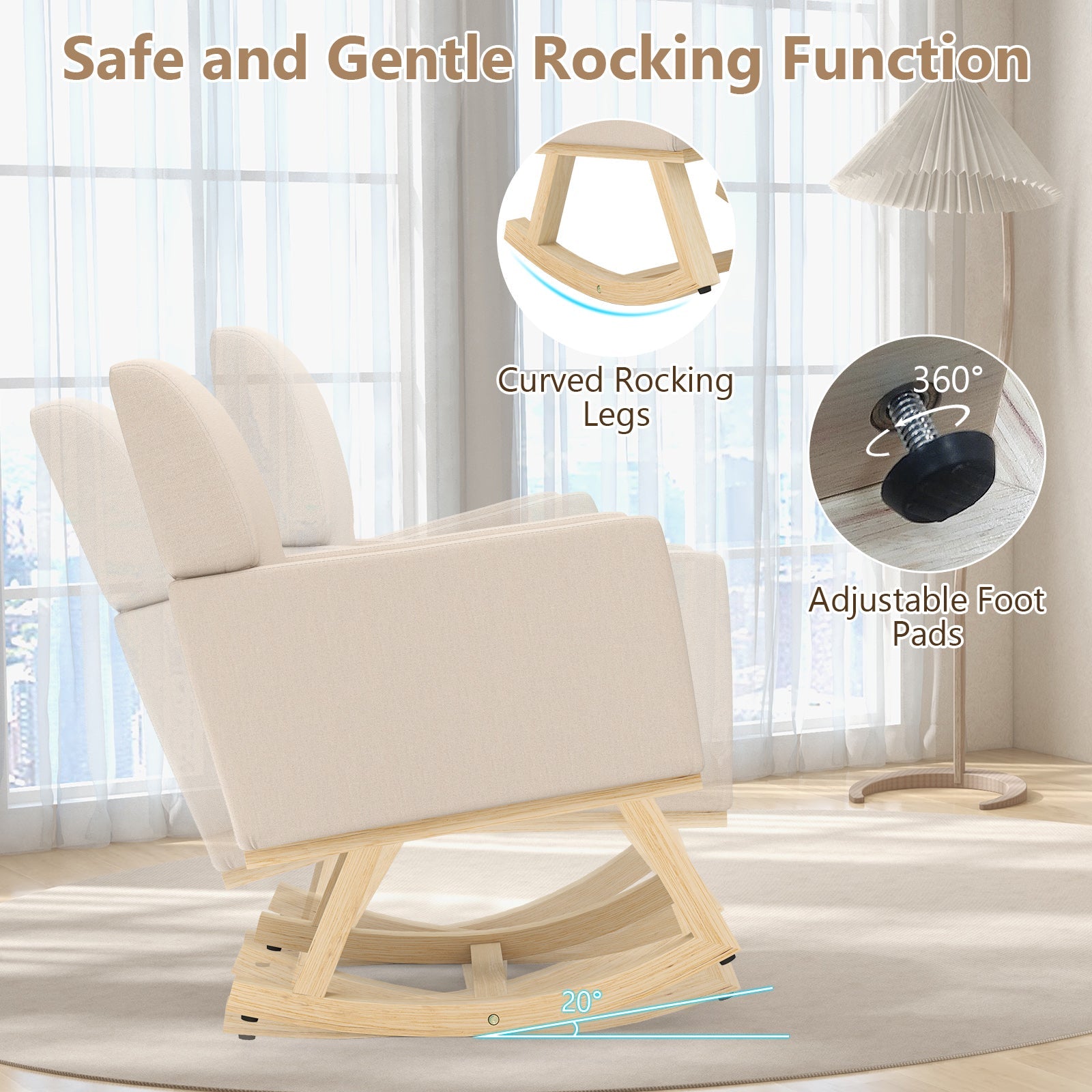Upholstered Rocking Chair with and Solid Wood Base-Beige