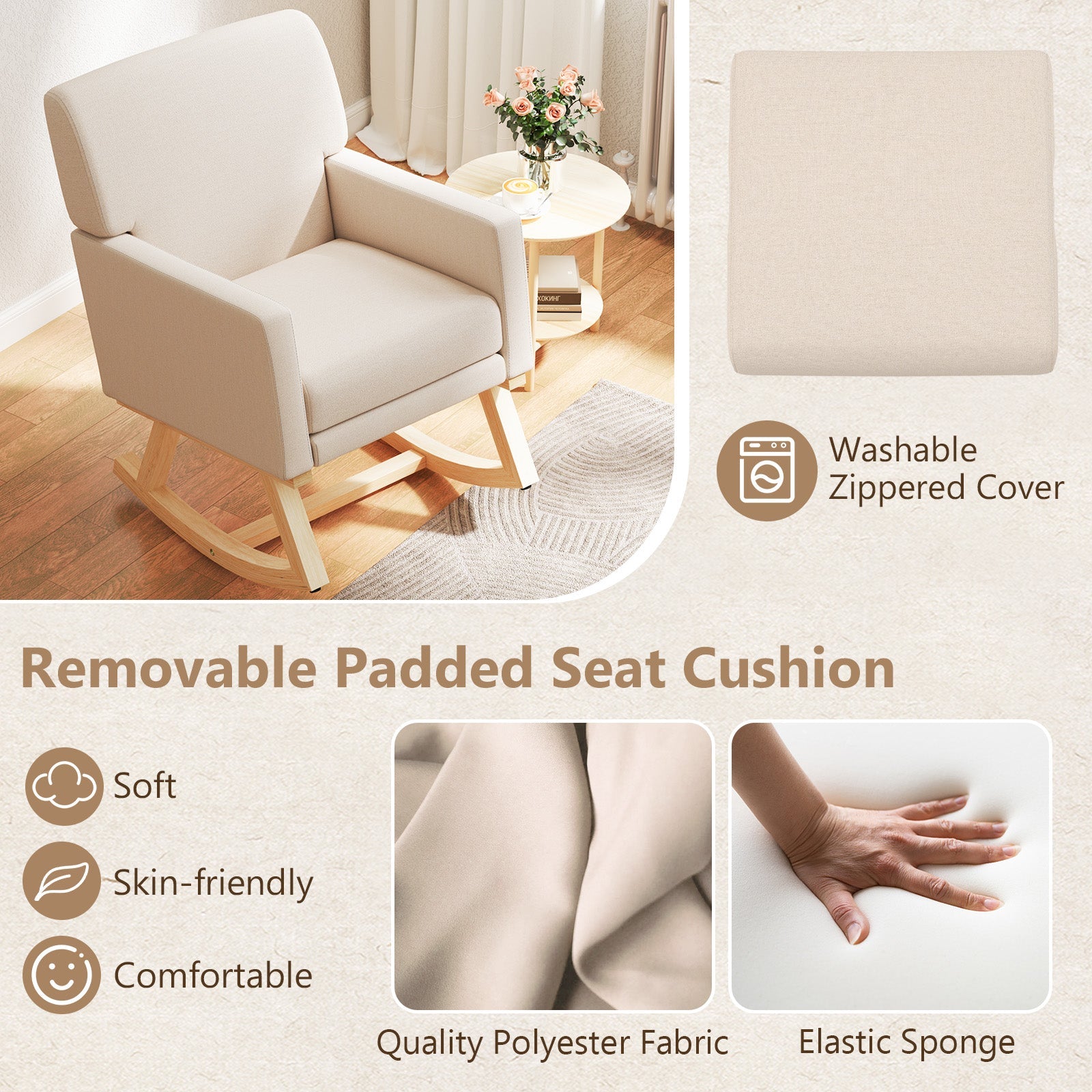 Upholstered Rocking Chair with and Solid Wood Base-Beige