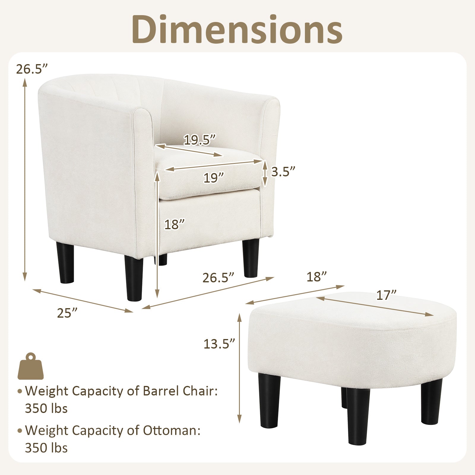 Upholstered Teddy Velvet Club Barrel Chair with Ottoman with Footrest-Beige