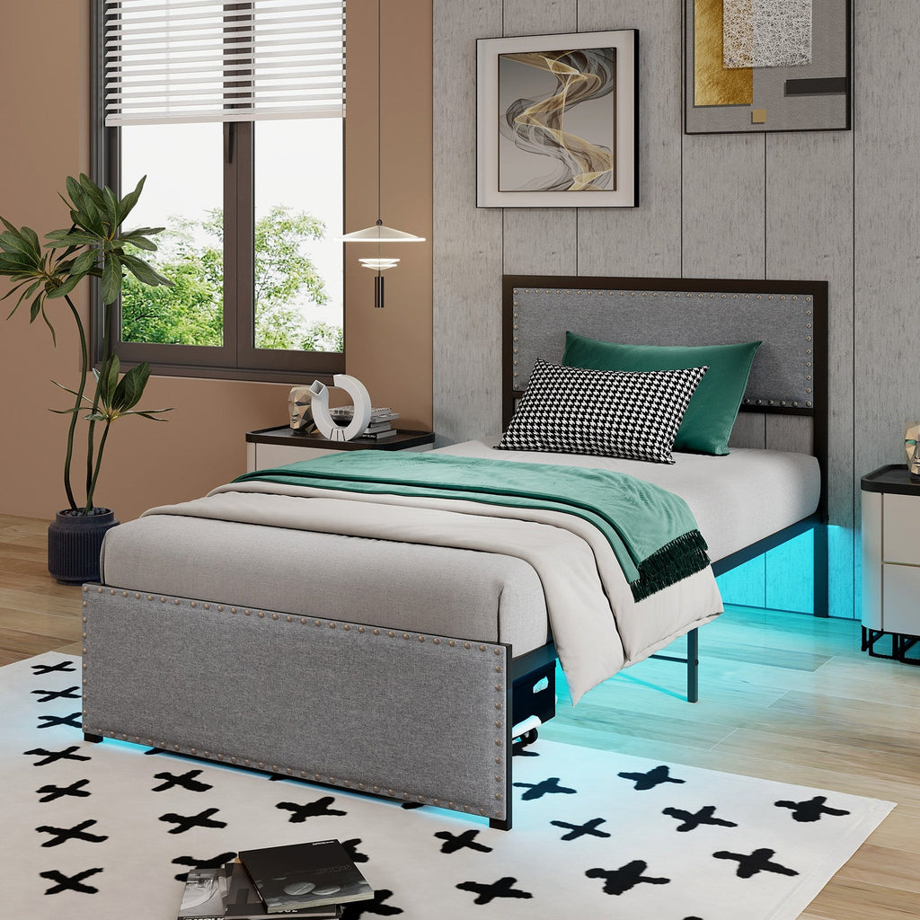 Full/Queen/Twin Size Bed Frame with LED Lights Drawer and Metal Slats-Twin Size