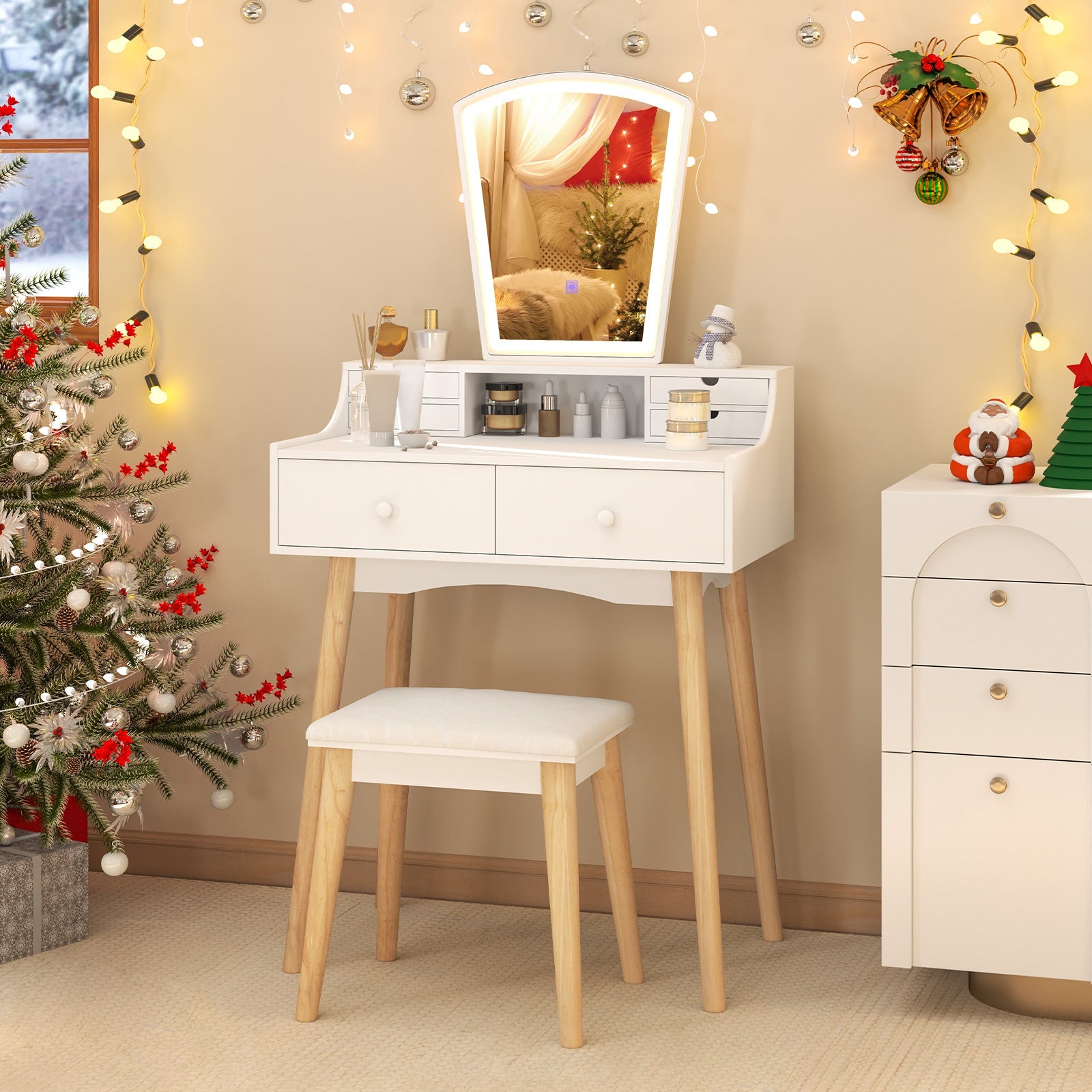 Vanity Desk Set with 3-Color Adjustable LED Lighted Mirror and Drawers-White
