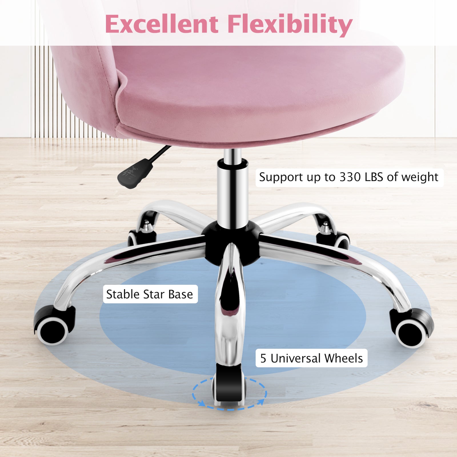 Adjustable Vanity Velvet Chair with Seashell Back and Wheels-Pink