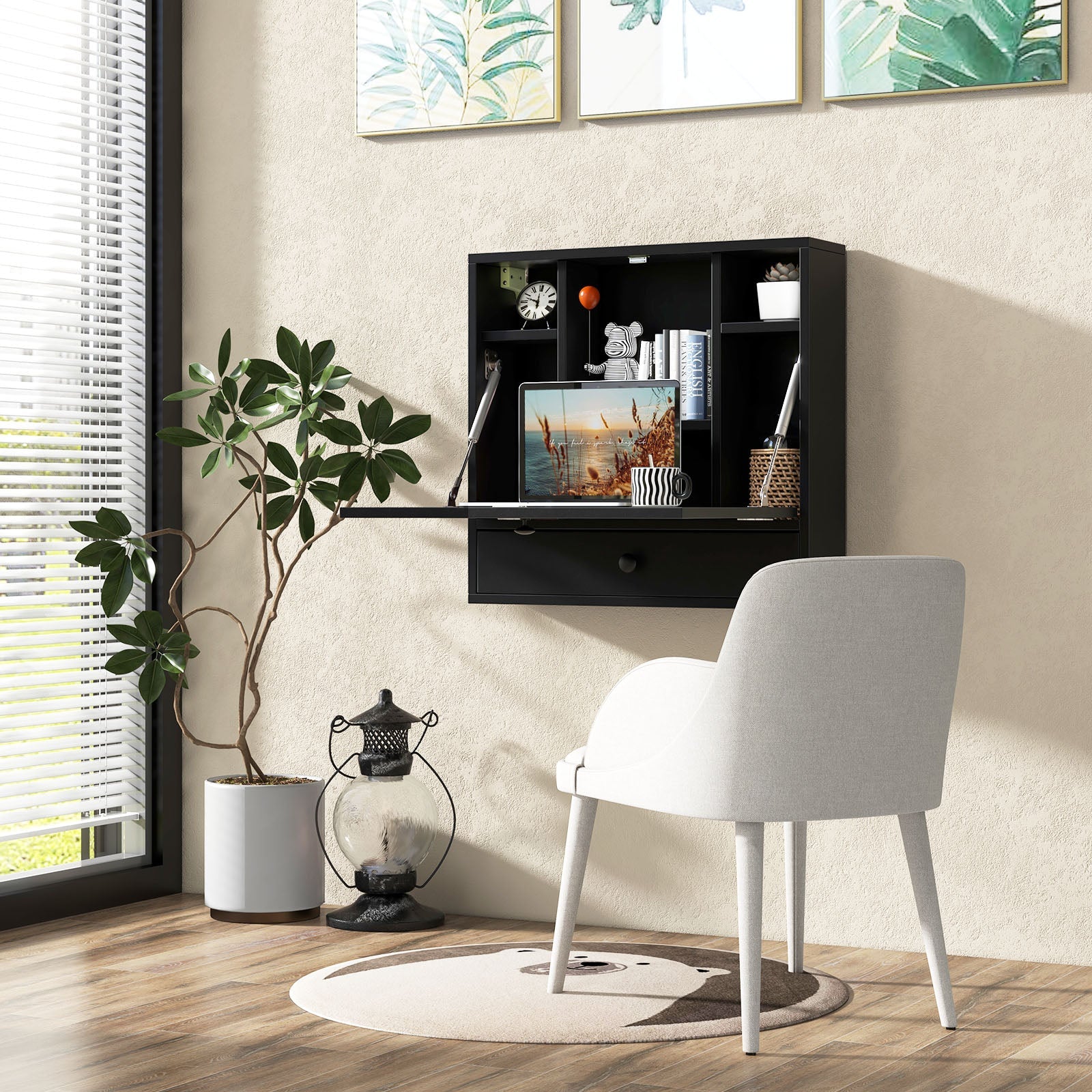Wall-Mount Floating Desk Foldable Space Saving Laptop Workstation Black