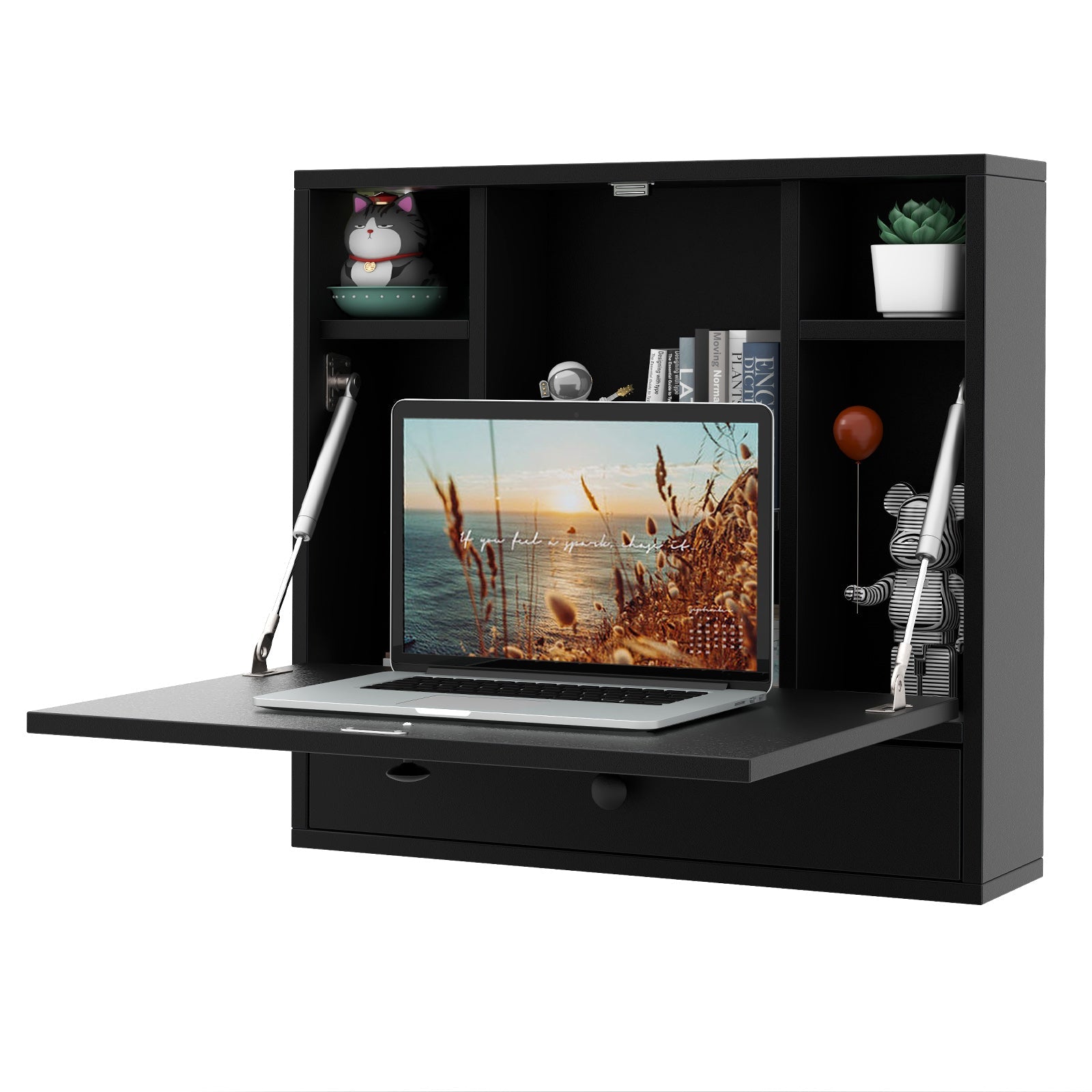 Wall-Mount Floating Desk Foldable Space Saving Laptop Workstation Black
