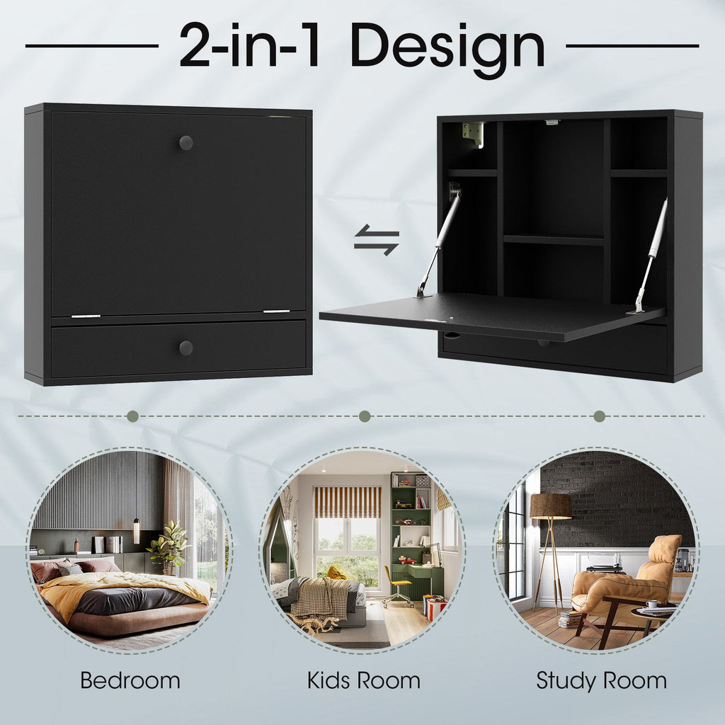 Wall-Mount Floating Desk Foldable Space Saving Laptop Workstation Black