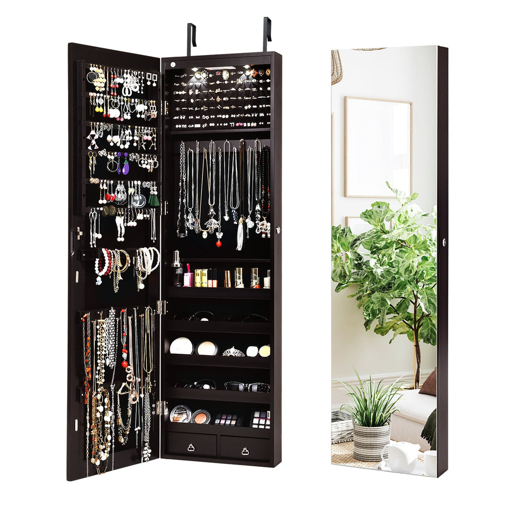 Wall and Door Mounted Mirrored Jewelry Cabinet with Lights-Brown