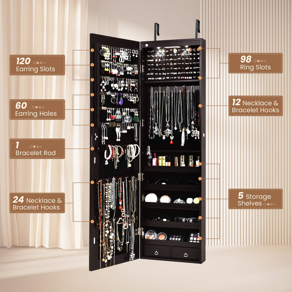 Wall and Door Mounted Mirrored Jewelry Cabinet with Lights-Brown