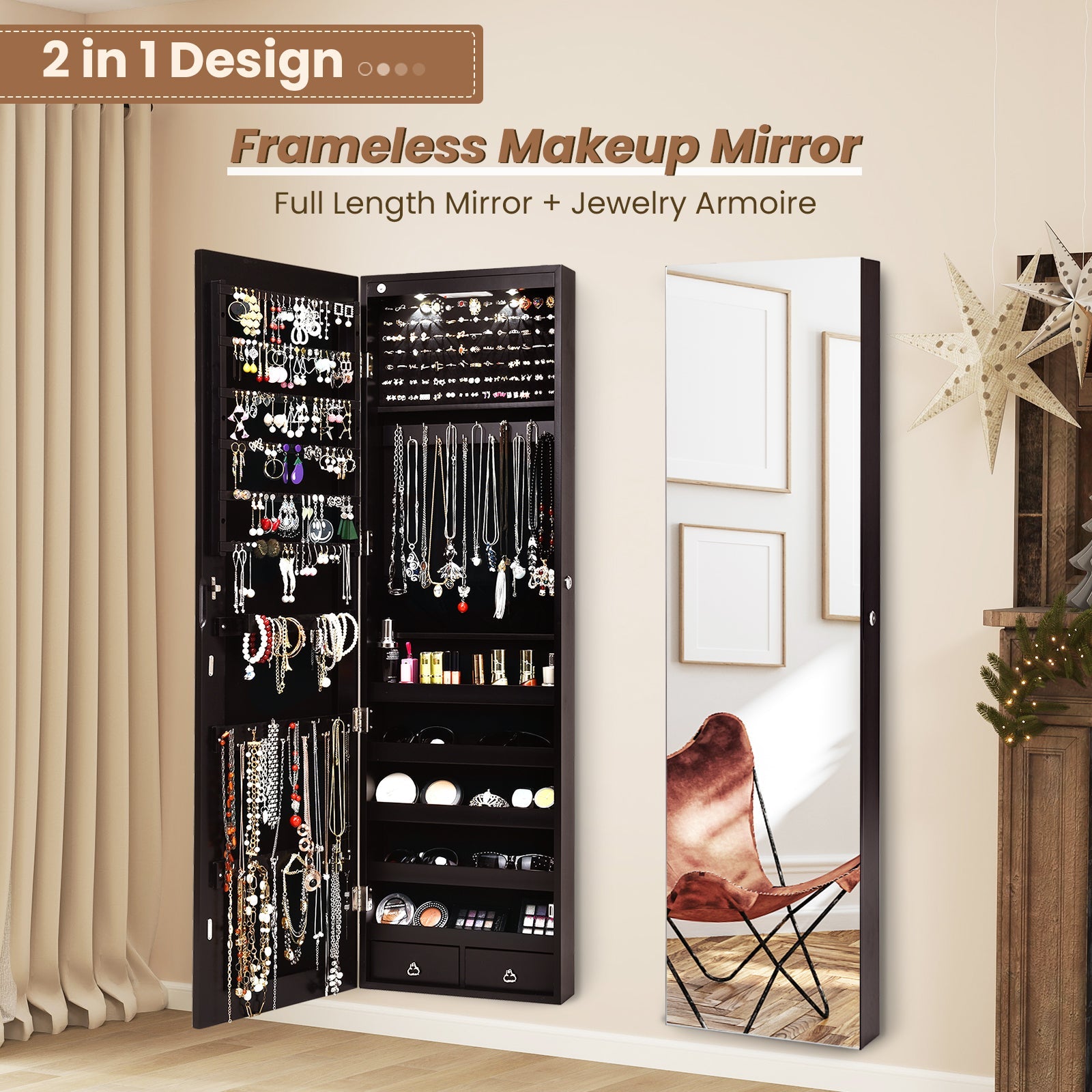Wall and Door Mounted Mirrored Jewelry Cabinet with Lights-Brown