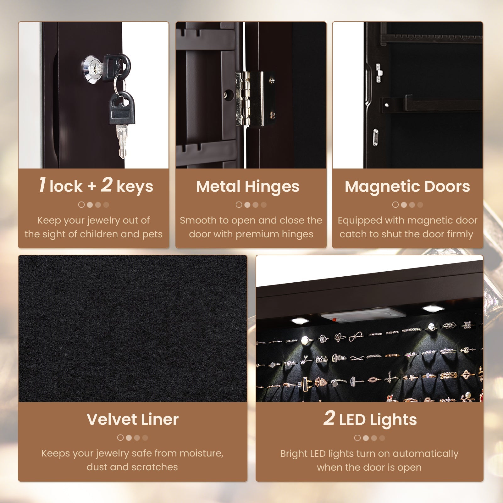 Wall and Door Mounted Mirrored Jewelry Cabinet with Lights-Brown