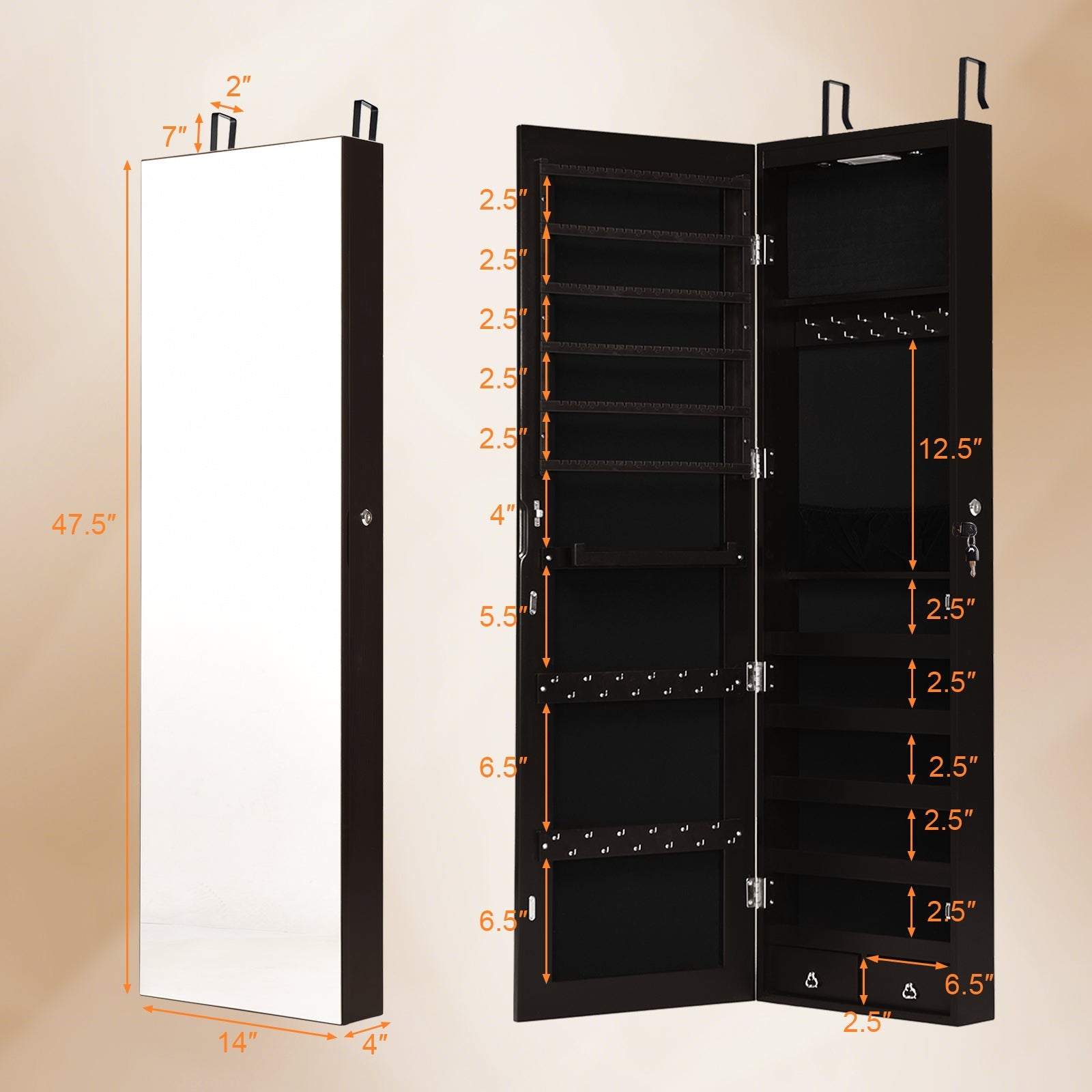 Wall and Door Mounted Mirrored Jewelry Cabinet with Lights-Brown