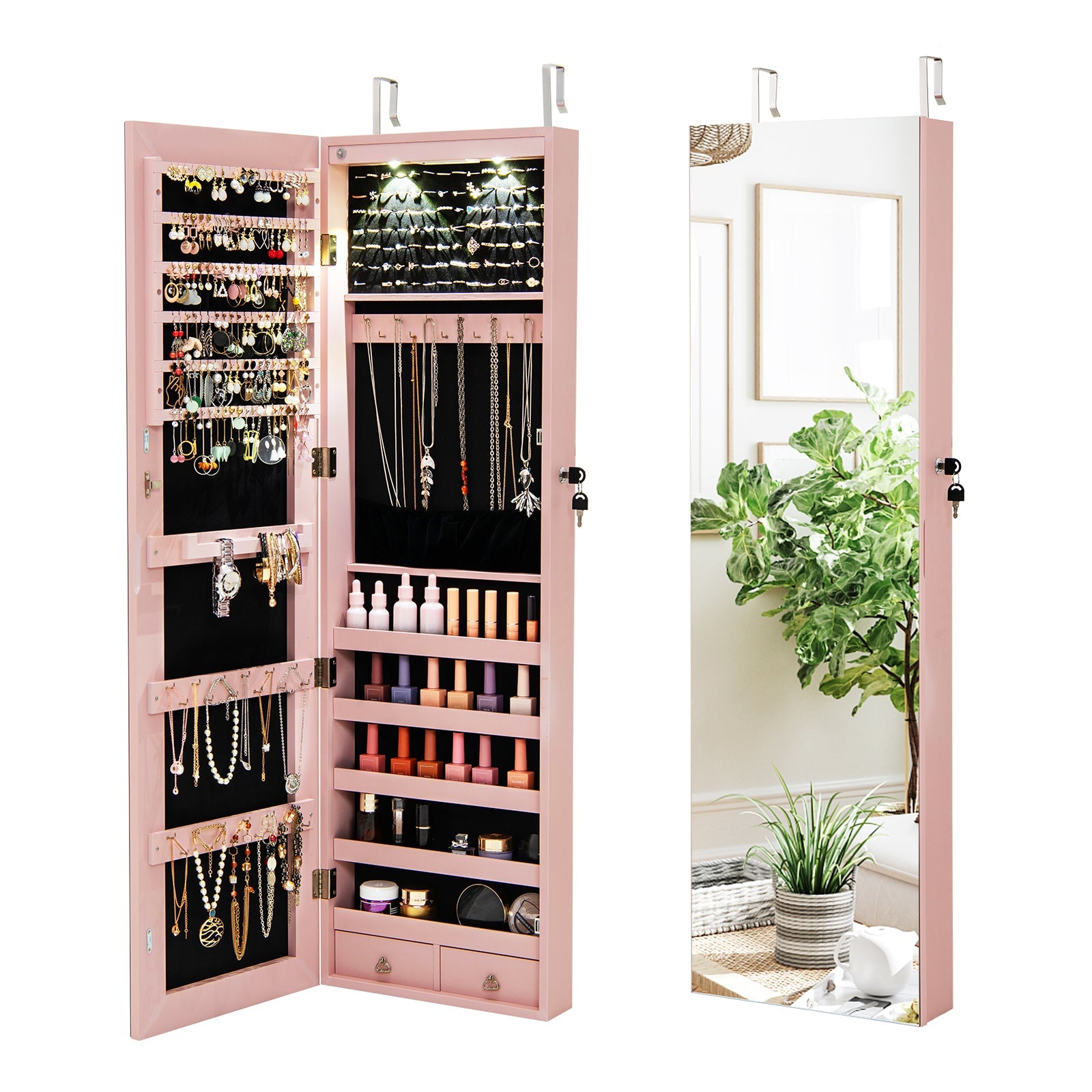 Wall and Door Mounted Mirrored Jewelry Cabinet with Lights-Pink
