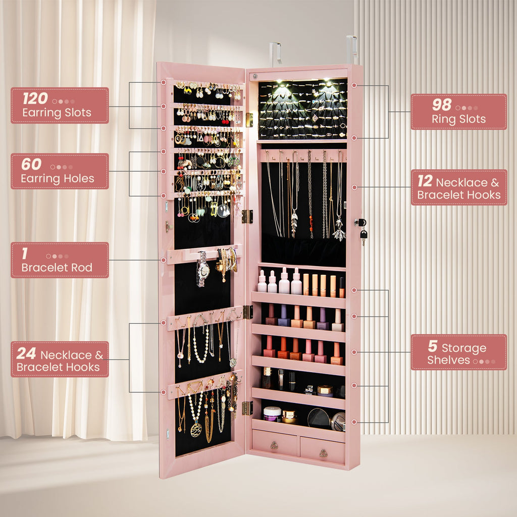 Wall and Door Mounted Mirrored Jewelry Cabinet with Lights-Pink