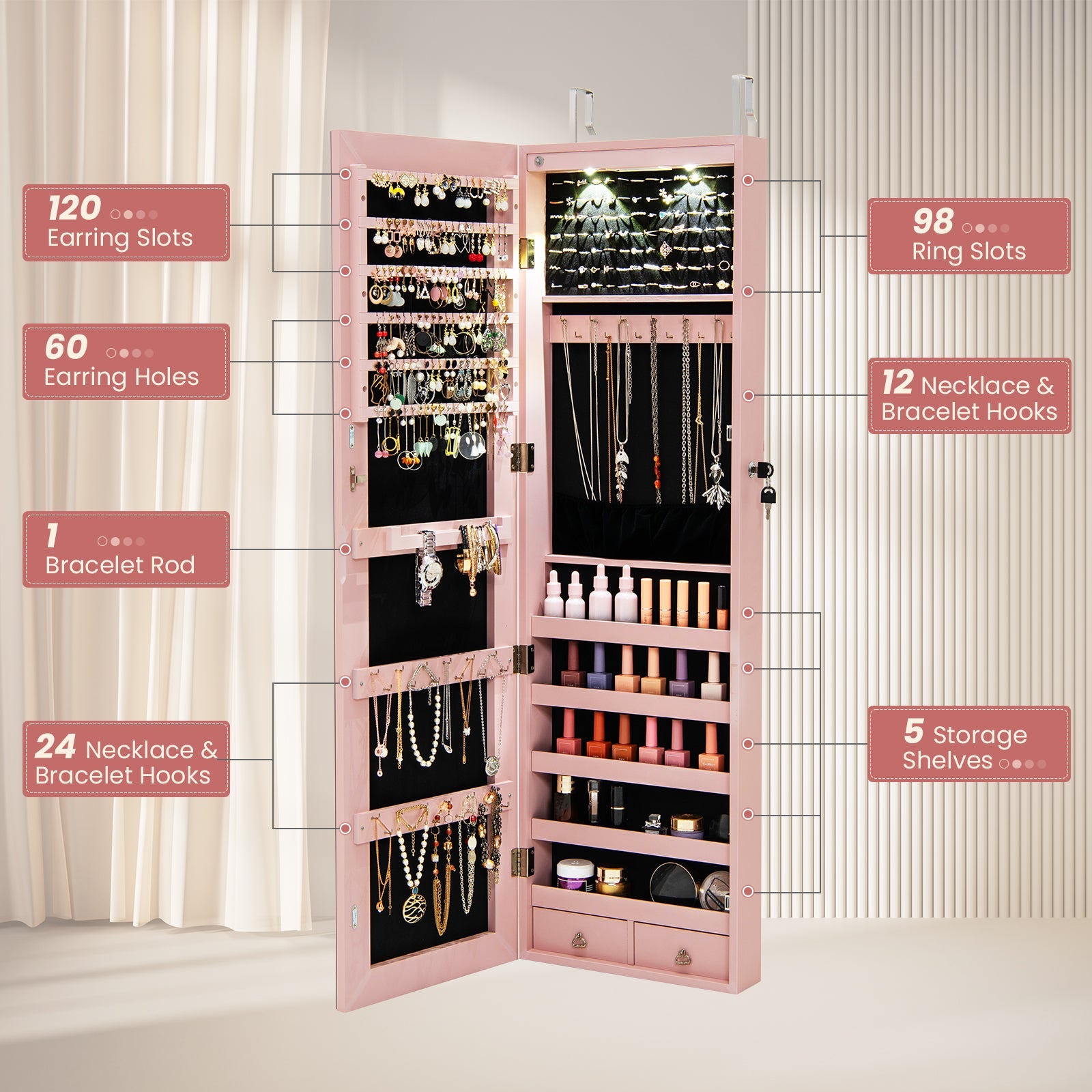 Wall and Door Mounted Mirrored Jewelry Cabinet with Lights-Pink