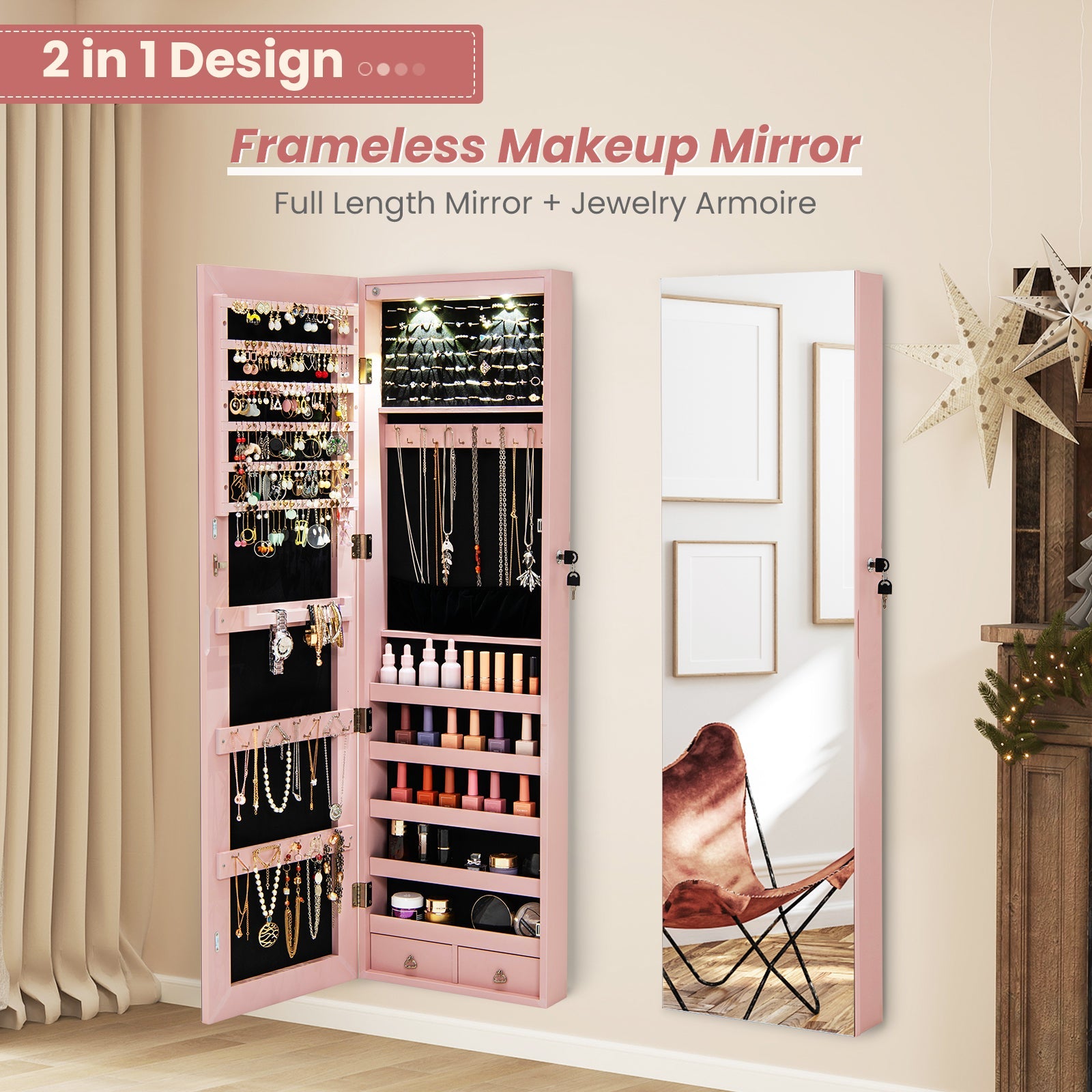 Wall and Door Mounted Mirrored Jewelry Cabinet with Lights-Pink