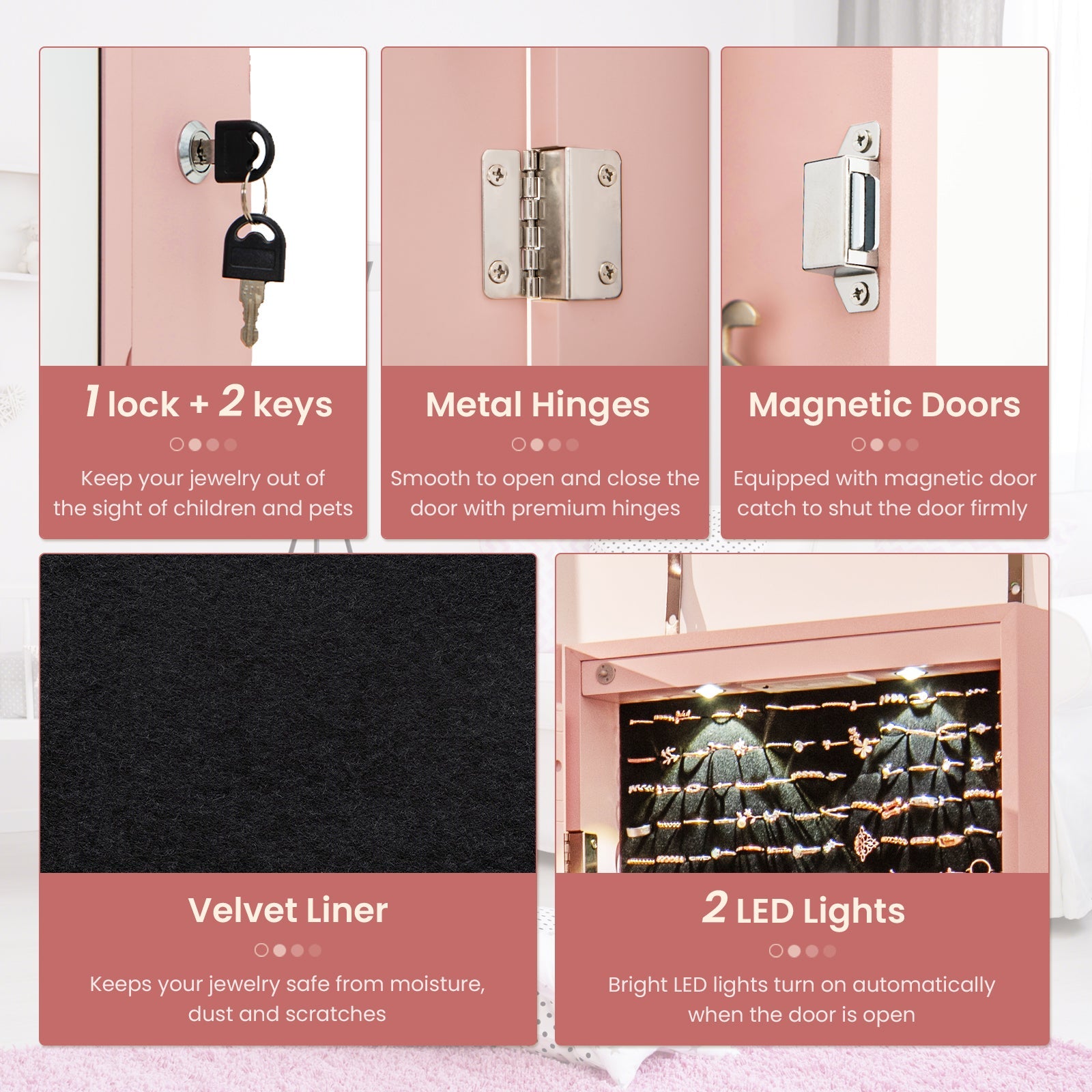 Wall and Door Mounted Mirrored Jewelry Cabinet with Lights-Pink